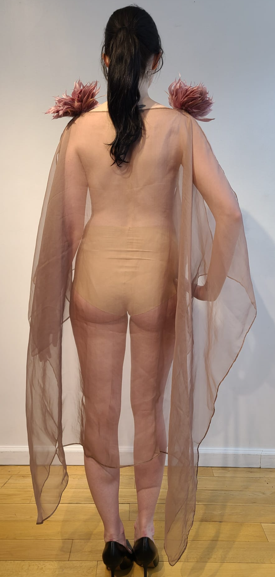TAN NUDE SILK CHIFFON HI LO CAPE WITH 3D FEATHER FLOWER EPAULETTES & CRYSTAL BEADED FRINGE NECKLACE (SIZE M)