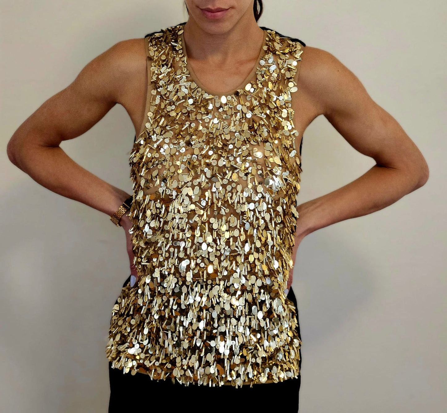 BLACK CASHMERE TANK WITH FRONT EMBELLISHMENT OF 3D GOLD TRINKETS ON NUDE TULLE AND LINED WITH NUDE TULE (SIZE M)