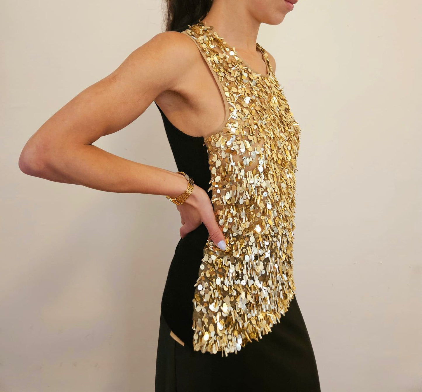 BLACK CASHMERE TANK WITH FRONT EMBELLISHMENT OF 3D GOLD TRINKETS ON NUDE TULLE AND LINED WITH NUDE TULE (SIZE M)