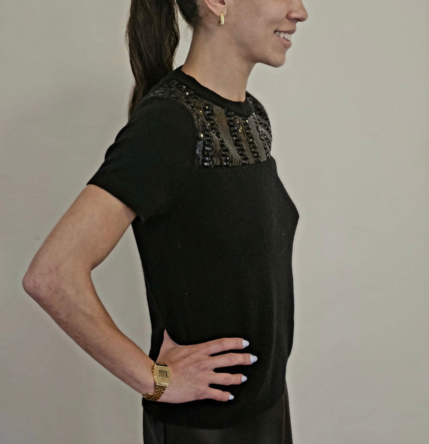 BLACK CASHMERE TANK WITH FRONT EMBELLISHED BLACK MICRO SEQUIN ANCIENT ROMAN MONOGRAM ON BLACK TULE & LINED WITH BLACK SILK ORGANZA
