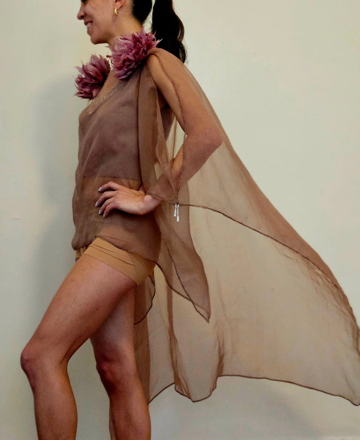TAN NUDE SILK CHIFFON HI LO CAPE WITH 3D FEATHER FLOWER EPAULETTES & CRYSTAL BEADED FRINGE NECKLACE (SIZE M)