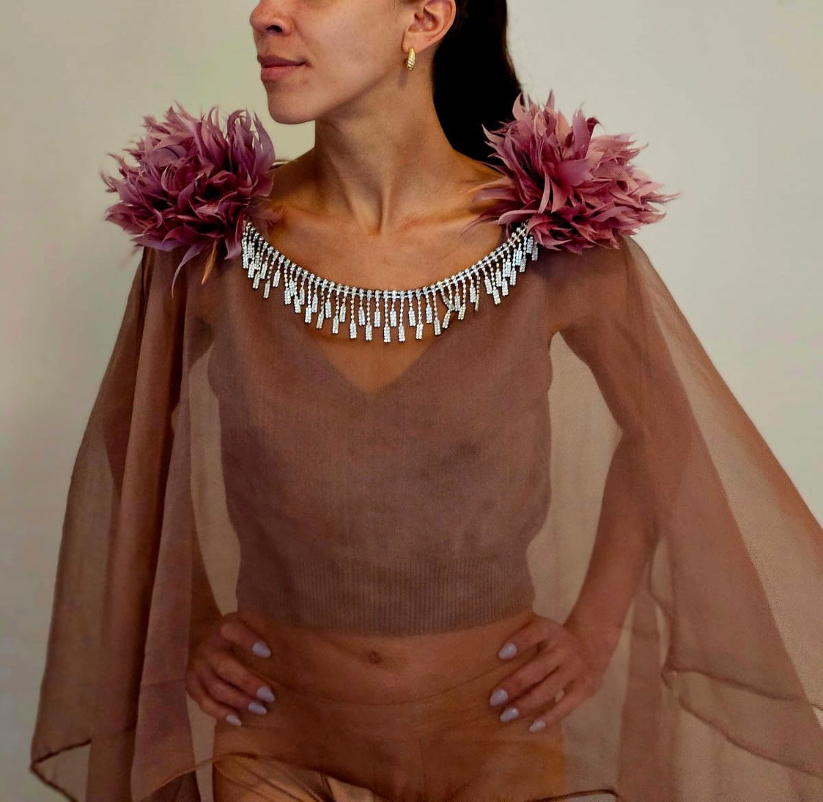 TAN NUDE SILK CHIFFON HI LO CAPE WITH 3D FEATHER FLOWER EPAULETTES & CRYSTAL BEADED FRINGE NECKLACE (SIZE M)