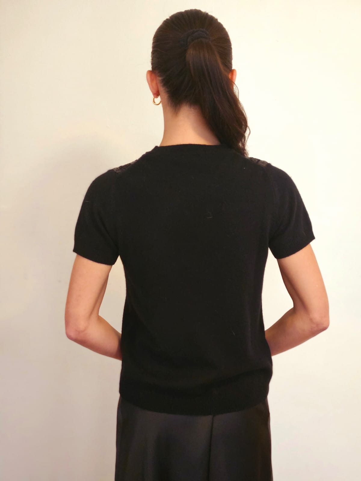 BLACK CASHMERE TANK WITH FRONT EMBELLISHED BLACK MICRO SEQUIN ANCIENT ROMAN MONOGRAM ON BLACK TULE & LINED WITH BLACK SILK ORGANZA