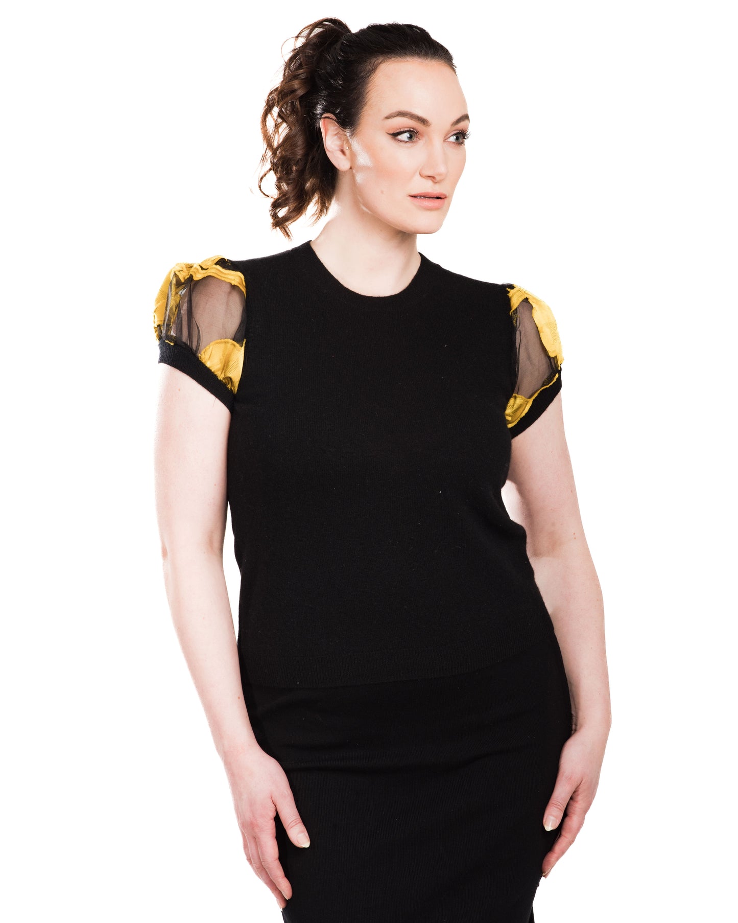 LARGE BLACK CREW NECK CASHMERE SWEATER WITH SHORT PUFF SLEEVE OF YELLOW DAMASK AFRICAN POPPIES ON BLACK SILK ORGANZA