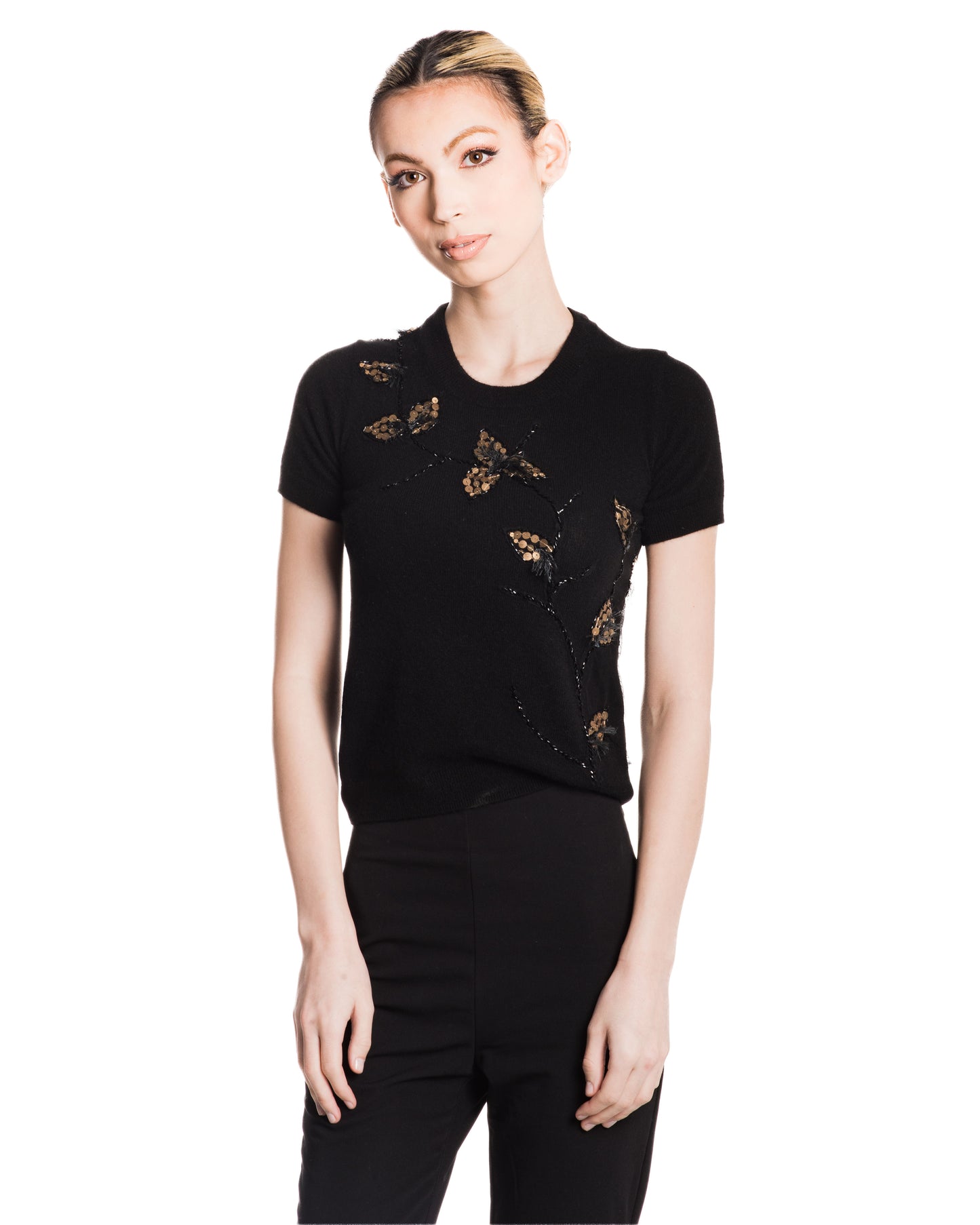 XS BLACK CREW NECK SHORT SLEEVE CASHMERE SWEATER WITH ANTIQUE GOLD SEQUIN EMBROIDERED FLOWERS AND LEAVES WITH JET BEADING AND SILK ORGANZA BACK