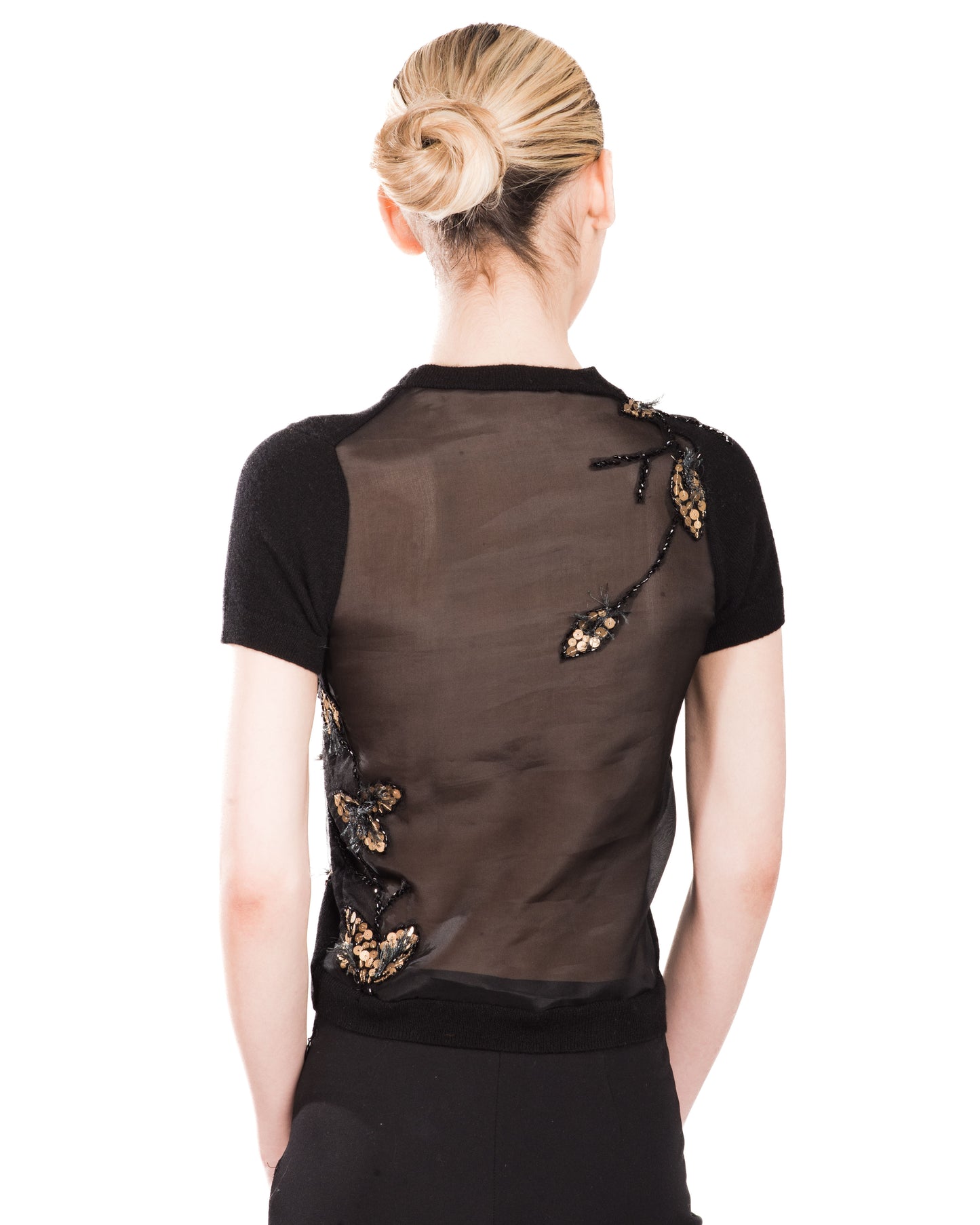 XS BLACK CREW NECK SHORT SLEEVE CASHMERE SWEATER WITH ANTIQUE GOLD SEQUIN EMBROIDERED FLOWERS AND LEAVES WITH JET BEADING AND SILK ORGANZA BACK