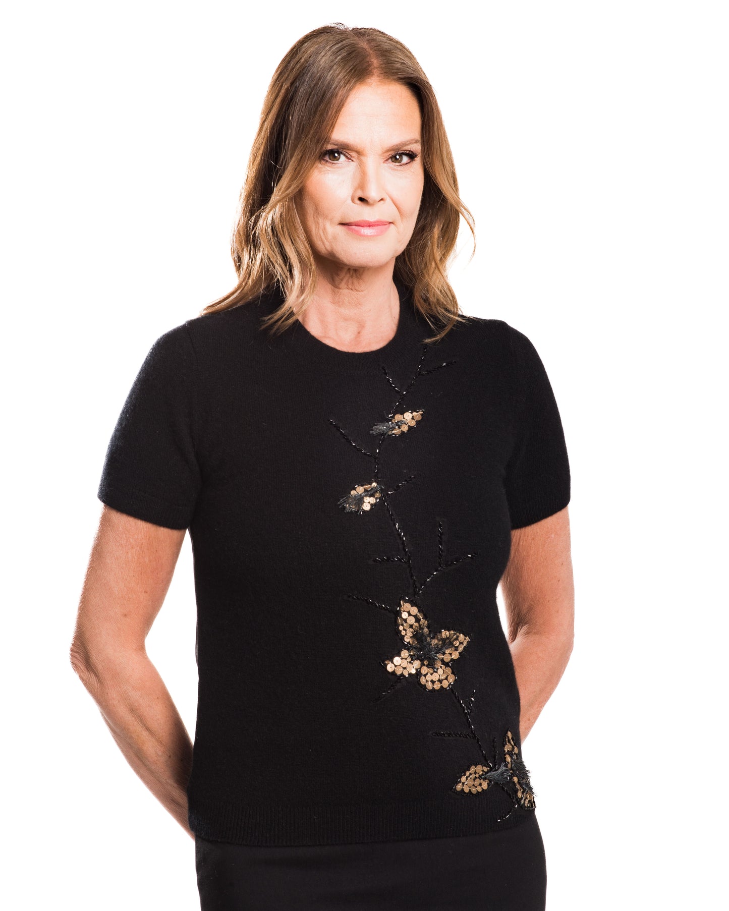 MEDIUM BLACK CREW NECK SHORT SLEEVE CASHMERE SWEATER WITH ANTIQUE GOLD SEQUIN EMBROIDERED FLOWERS AND LEAVES WITH JET BEADING AND SILK ORGANZA BACK