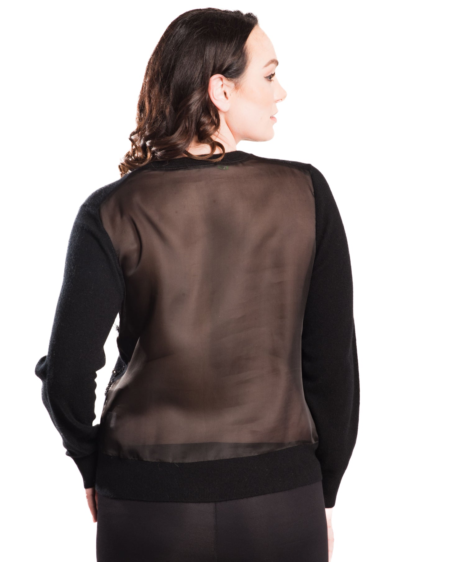 XL BLACK V-NECK LONG SLEEVE CASHMERE SWEATER WITH ANTIQUE GOLD SEQUIN EMBROIDERED FLOWERS AND LEAVES WITH JET BEADING AND SILK ORGANZA BACK