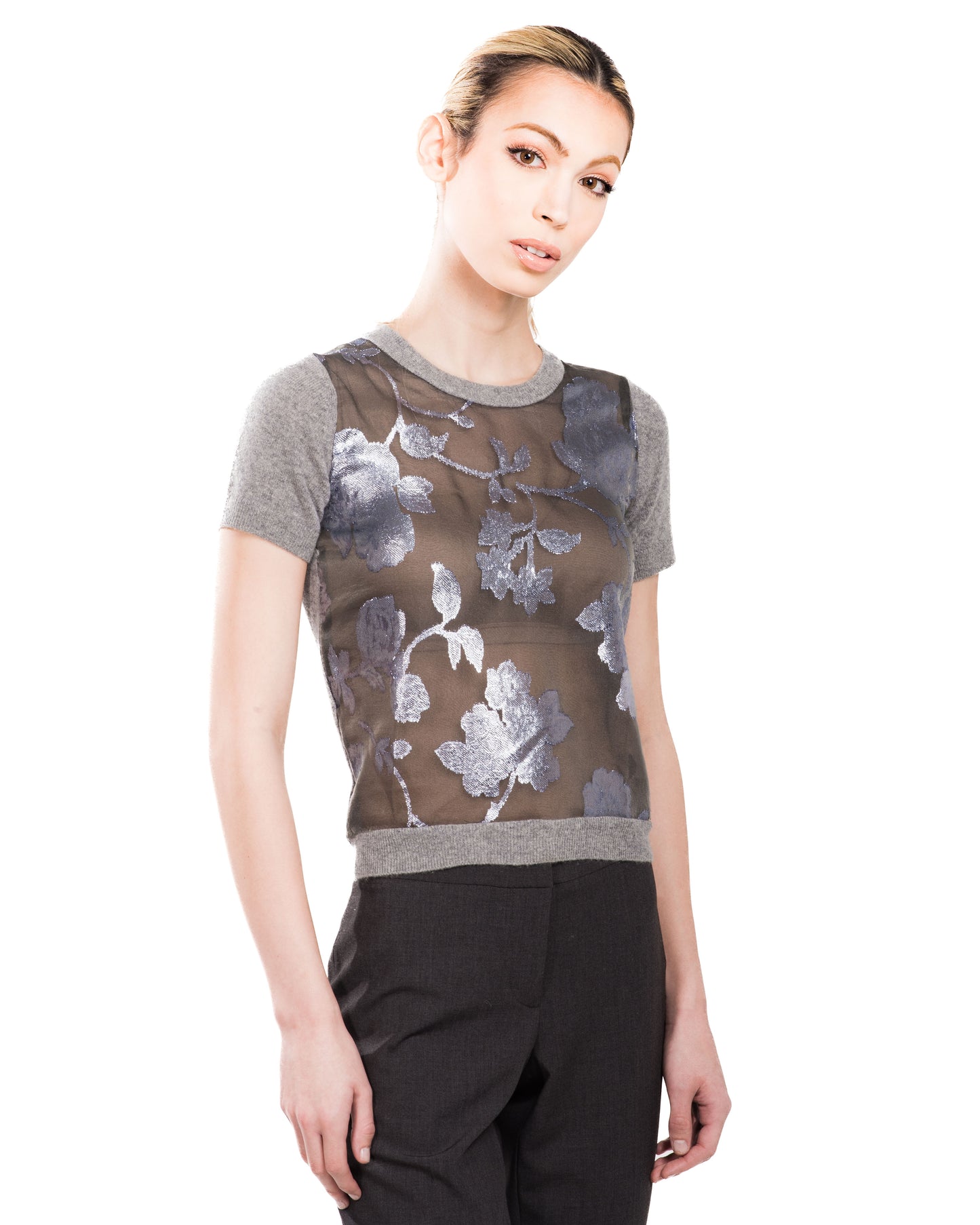 XS GREY CREW NECK SHORT SLEEVE CASHMERE SWEATER WITH SPRING LAVENDER PLATINUM JACQUARD FLORAL ON CLOUDY DAY SILK ORGANZA LINED WITH GREY SILK ORGANZA