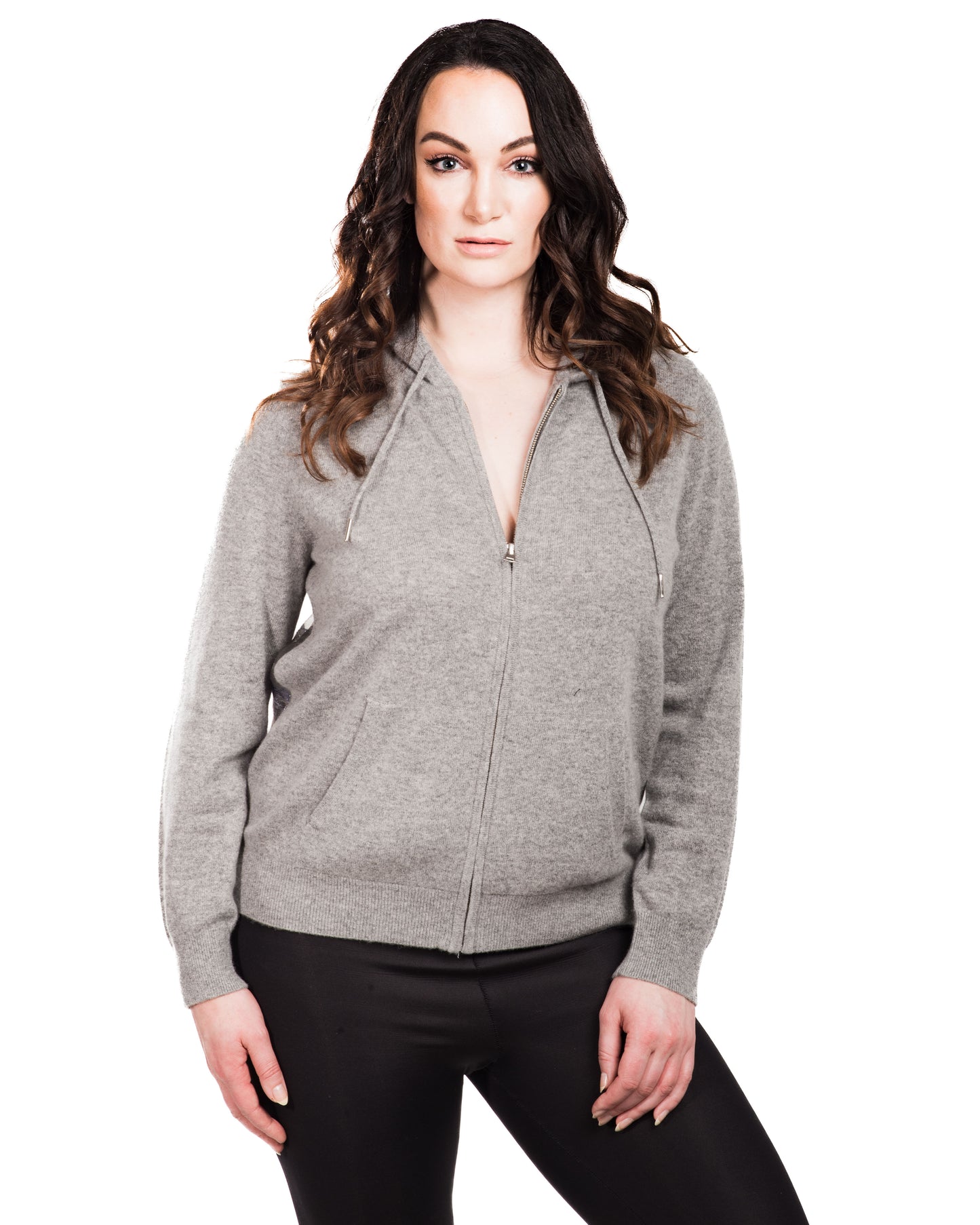 XL GREY LONG SLEEVE CASHMERE HOODIE WITH SPRING LAVENDER PLATINUM JACQUARD FLORAL ON CLOUDY DAY SILK ORGANZA BACK WITH GREY DAY SILK ORGANZA LINING