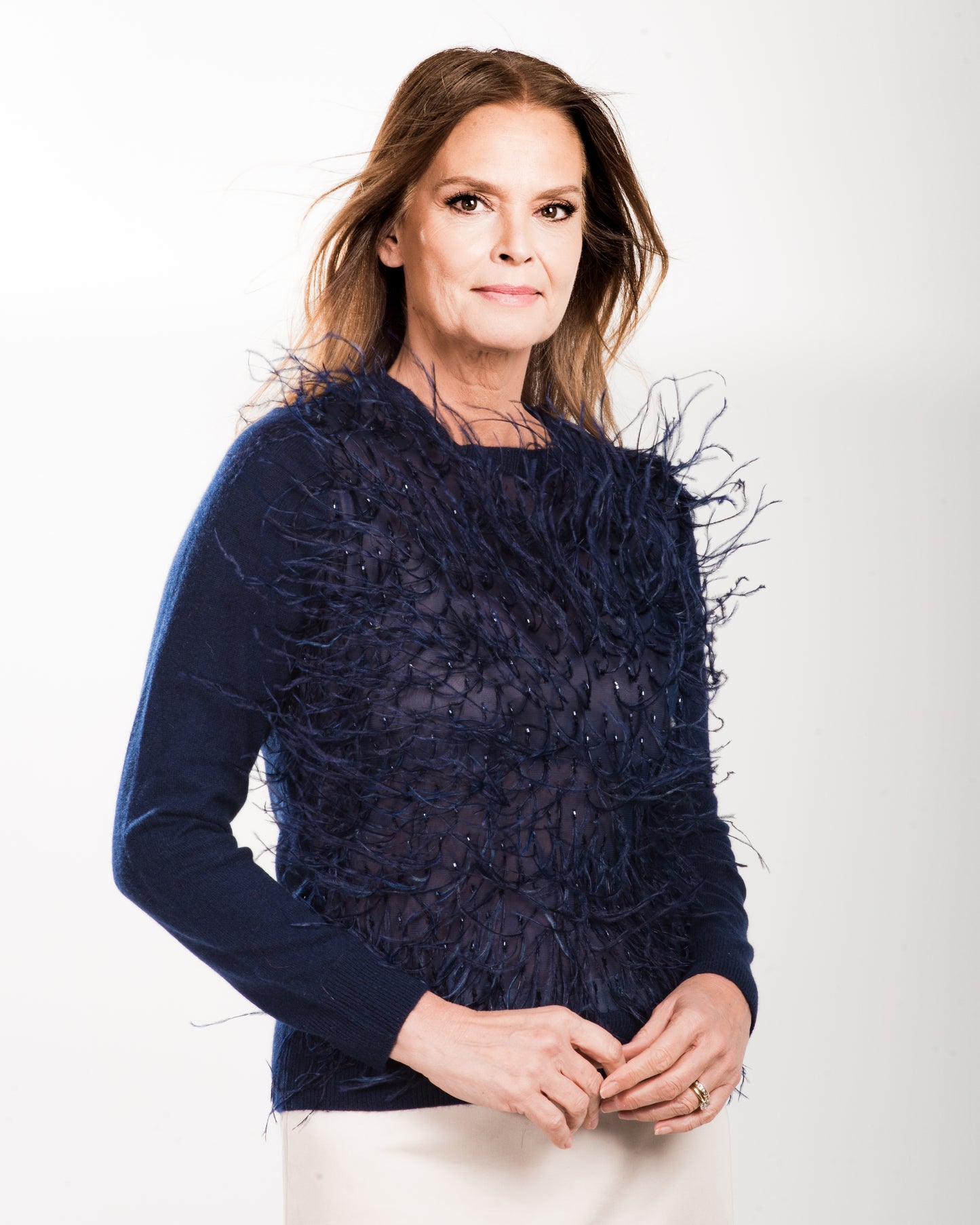 MEDIUM NAVY CASHMERE CREW NECK LONG SLEEVE SWEATER WITH FEATHERS AND BEAD EMBROIDERED FRONT WITH SILK ORGANZA LINING