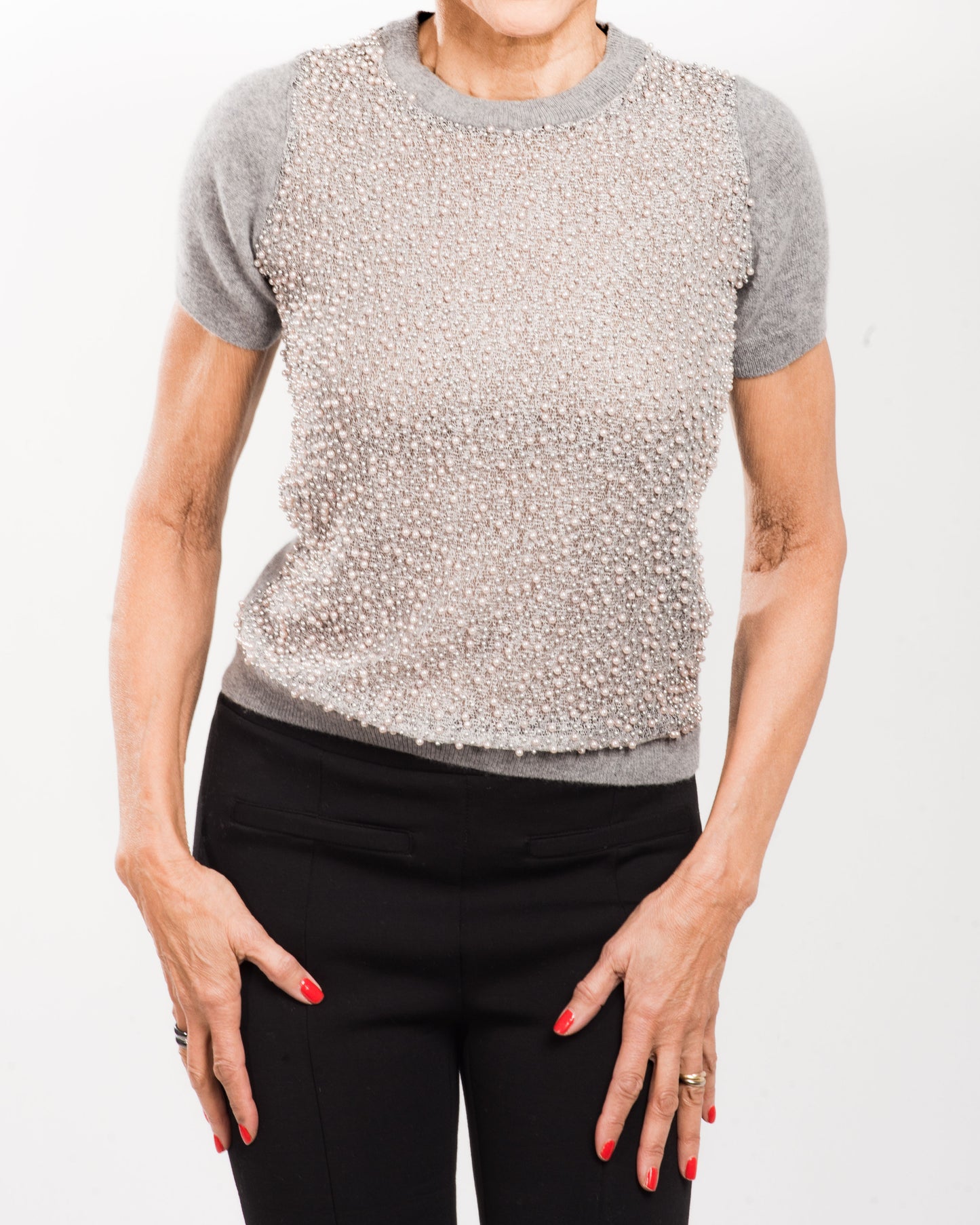 SMALL GREY SHORT SLEEVE CREW NECK CASHMERE SWEATER WITH MIXED GREY PEARLS ENCRUSTED ON GREY MESH FRONT WITH GREY SILK ORGANZA LINING
