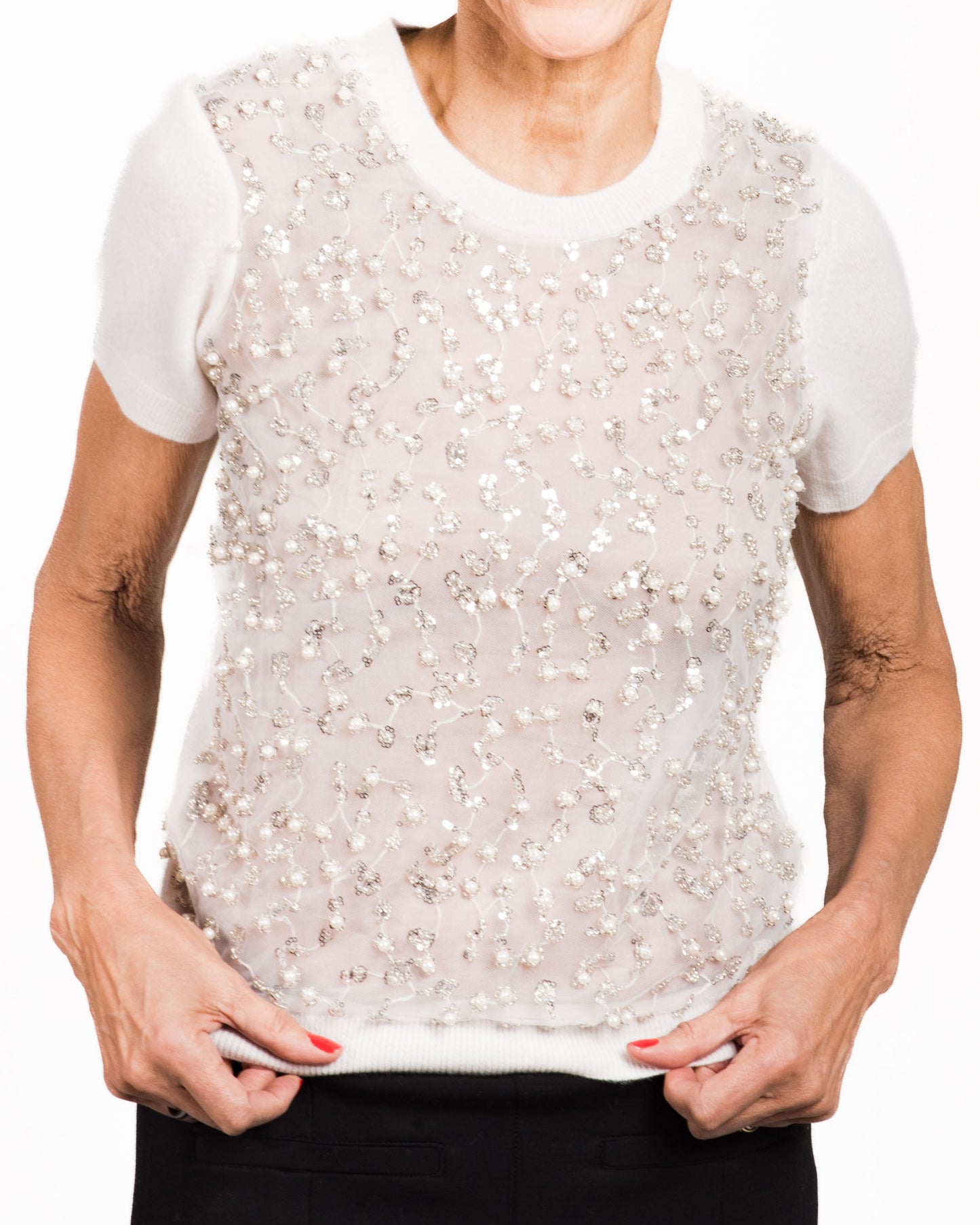 SMALL WHITE SHORT SLEEVE CREW NECK CASHMERE SWEATER WITH PEARL, CRYSTAL AND MINI SEQUIN BEADING EMBROIDERED ON WHITE TULLE FRONT