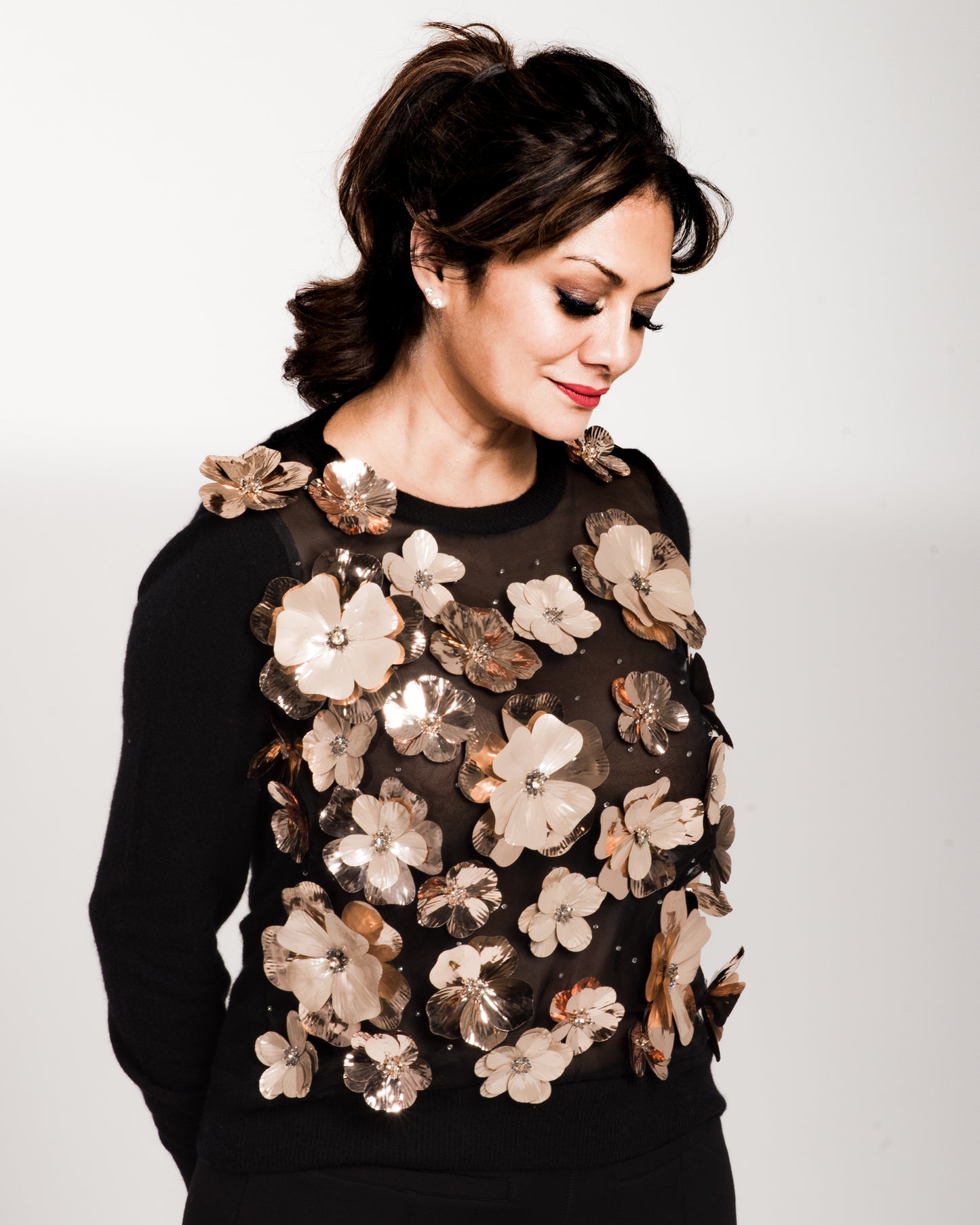 MEDIUM BLACK LONG SLEEVE CREW NECK CASHMERE SWEATER WITH METALLIC GOLD 3D FLOWERS WITH CRYSTAL BEADED CENTERS ON BLACK SILK TULLE FRONT