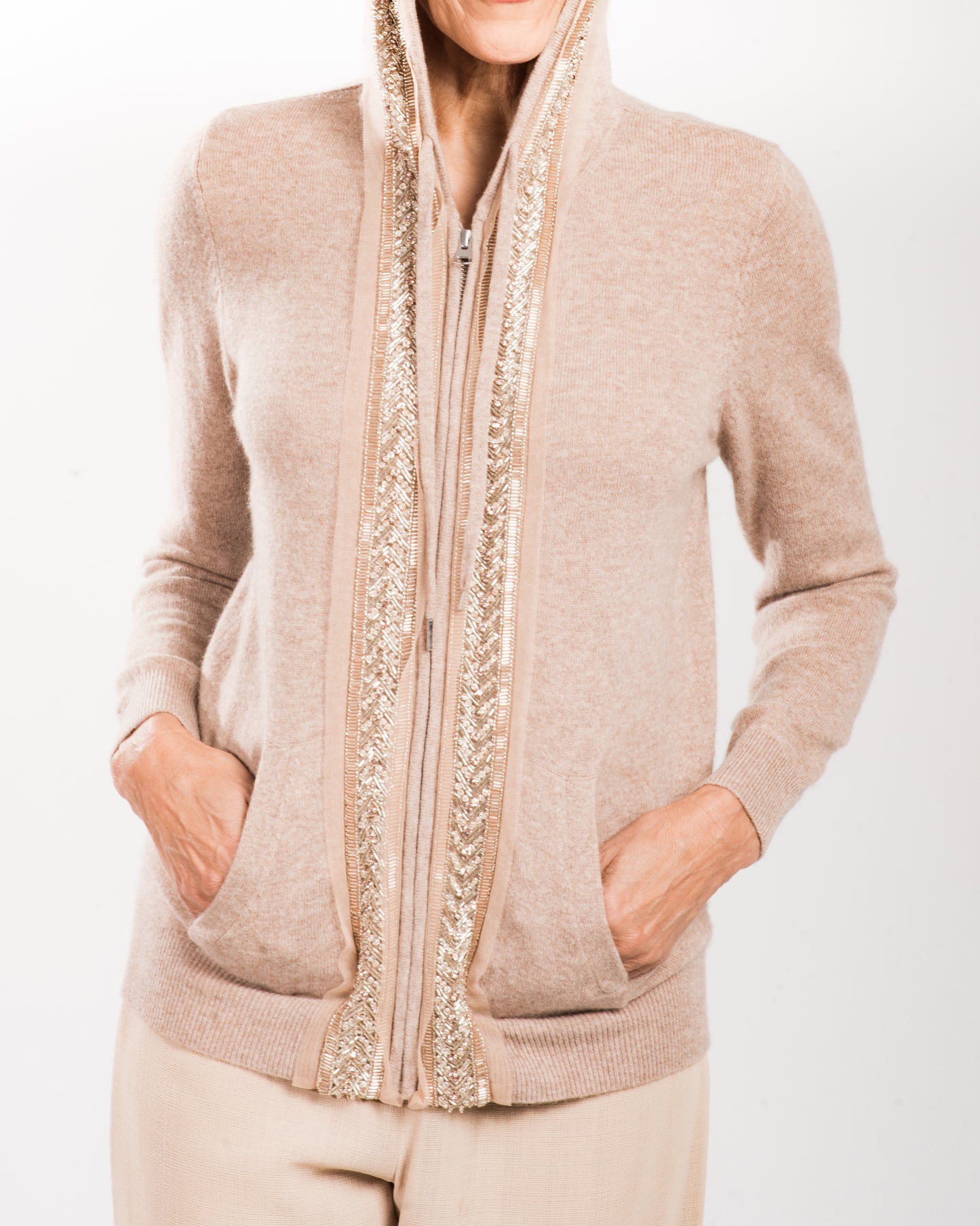 SMALL SAND COLORED LONG SLEEVE CASHMERE HOODIE EMBROIDERED WITH BYZANTINE ANTIQUE BEADED TRIM