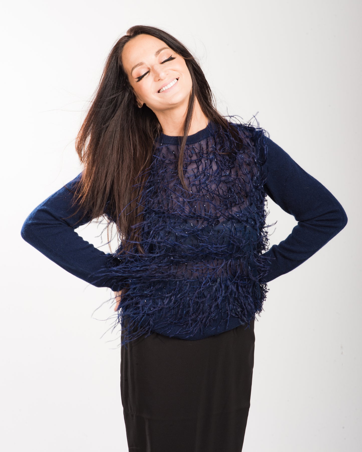 LARGE NAVY CASHMERE LONG SLEEVE CREW NECK SWEATER WITH FEATHERS AND BEAD EMBROIDERED FRONT WITH SILK ORGANZA LINING