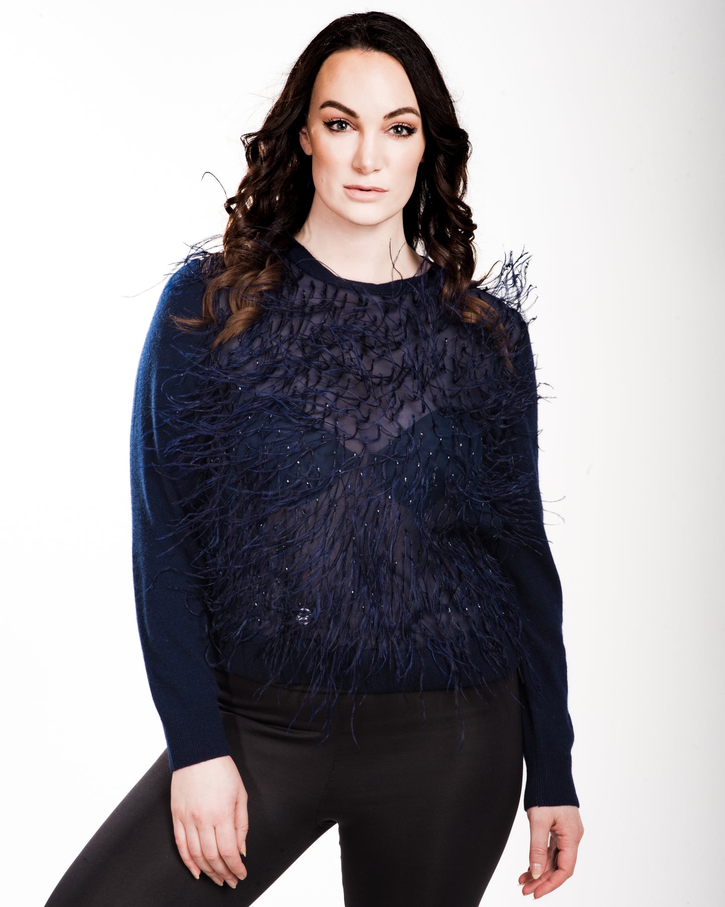 XL NAVY CASHMERE LONG SLEEVE CREW NECK SWEATER WITH FEATHERS AND BEAD EMBROIDERED FRONT WITH SILK ORGANZA LINING