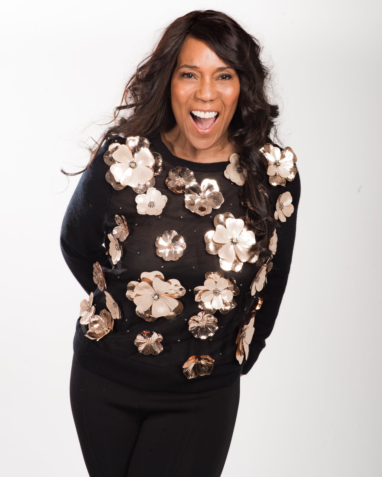 LARGE BLACK LONG SLEEVE CREW NECK CASHMERE SWEATER WITH METALLIC GOLD 3D FLOWERS WITH CRYSTAL BEADED CENTERS ON BLACK SILK TULLE FRONT