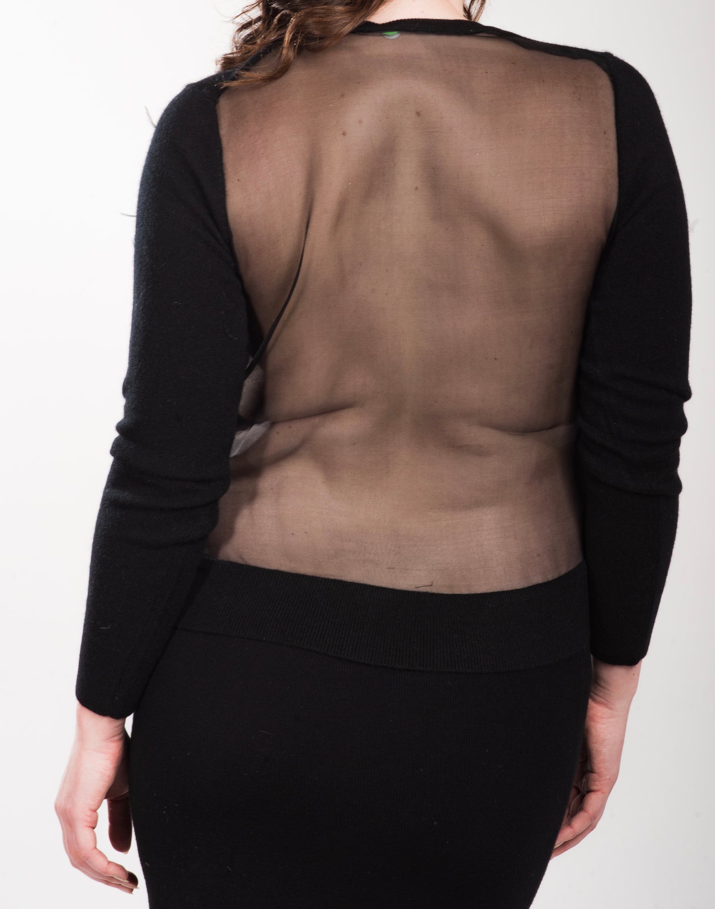 SMALL BLACK LONG SLEEVE V-NECK CASHMERE SWEATER WITH 3 3D BAKELITE FLORAL & FEATHER APLIQUE WITH BLACK SILK ORGANZA BACK