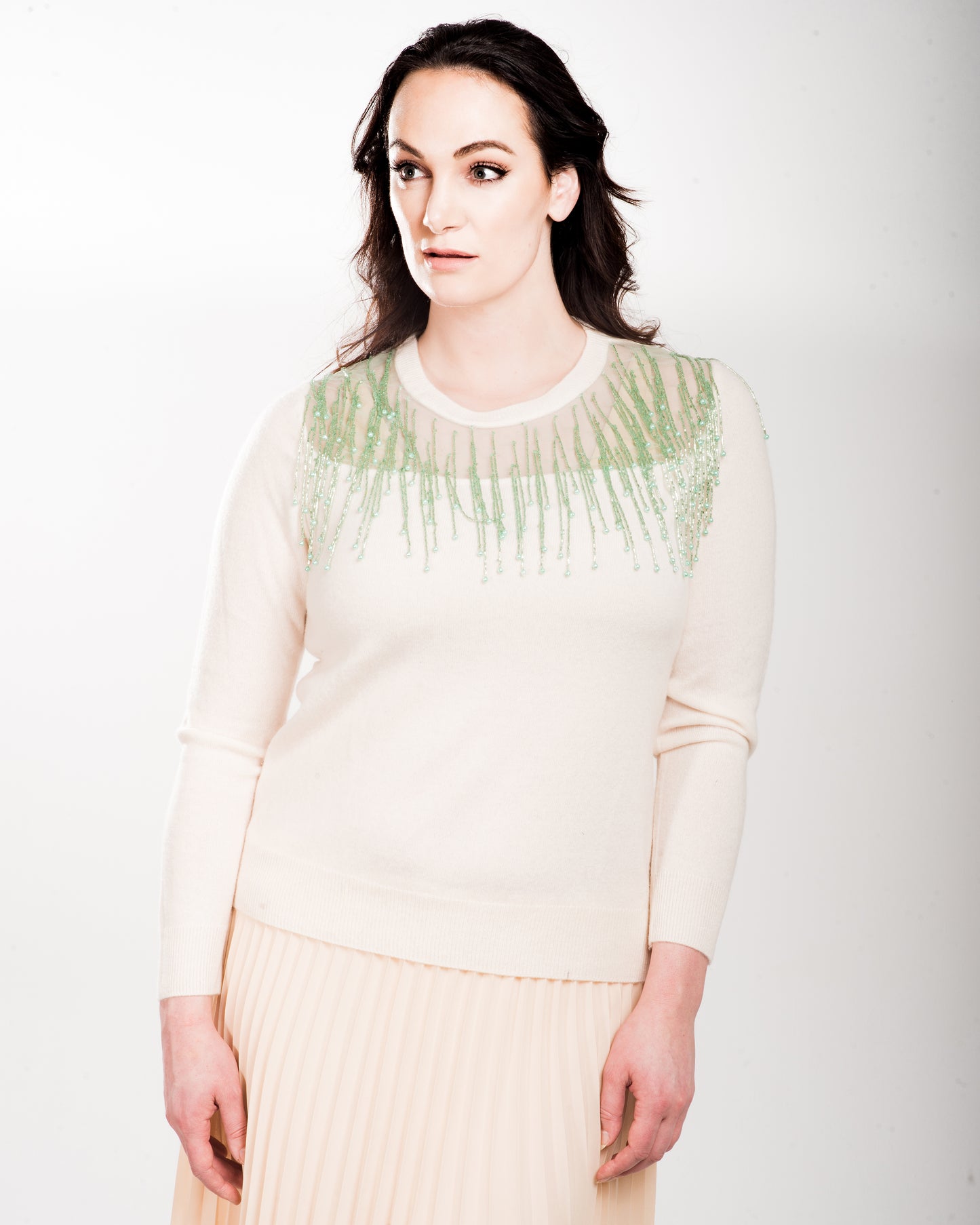 LARGE WHITE LONG SLEEVE CREW NECK PEEKABOO CASHMERE SWEATER WITH MINT BEADED FRINGE ON MINT TULLE