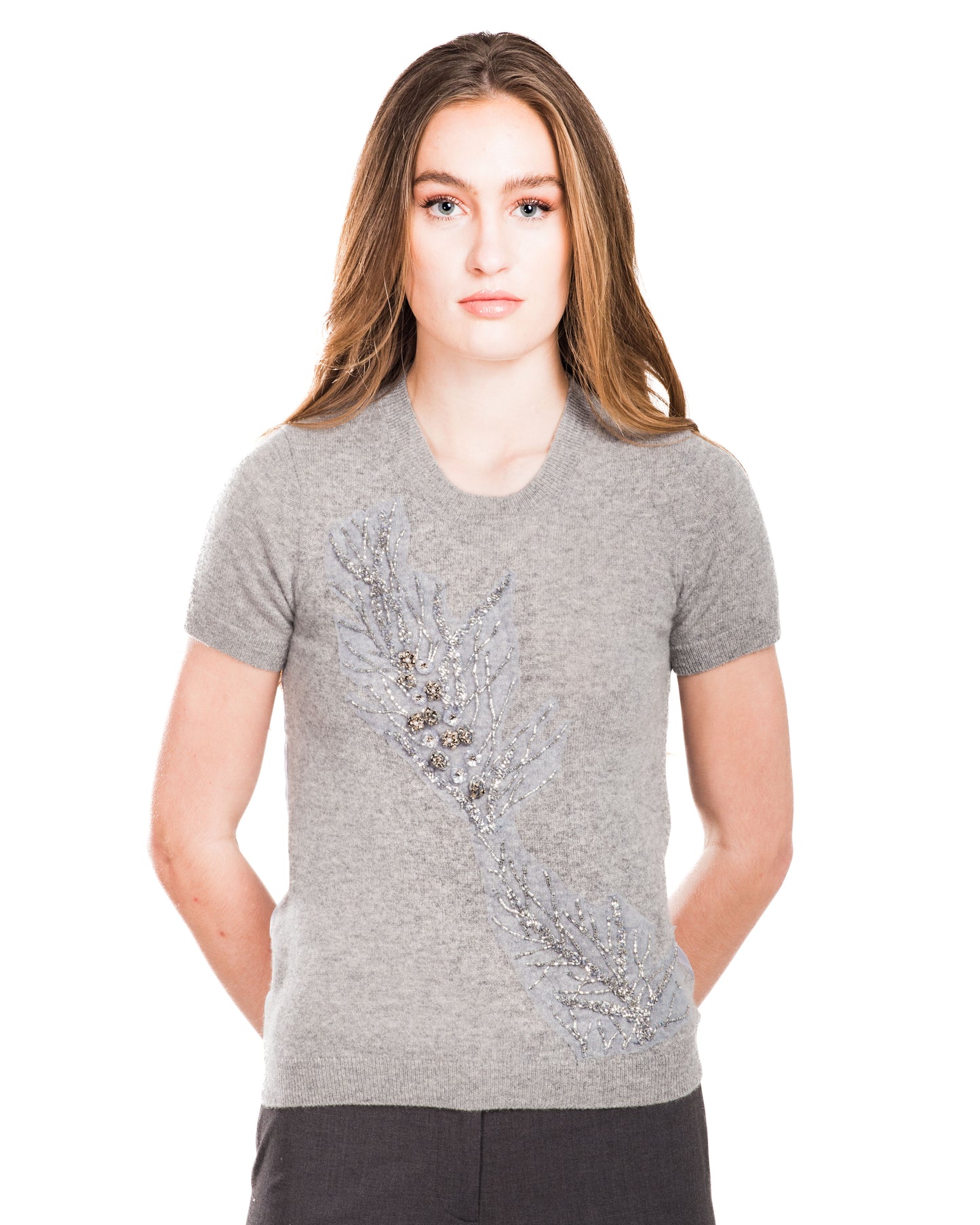 SMALL GREY CREW NECK SHORT SLEEVE CASHMERE SWEATER WITH EMBROIDERED SILVER SEQUINS AND CRYSTAL BEADED BRANCHES WITH SMOKEY GREY ORGANZA BACK