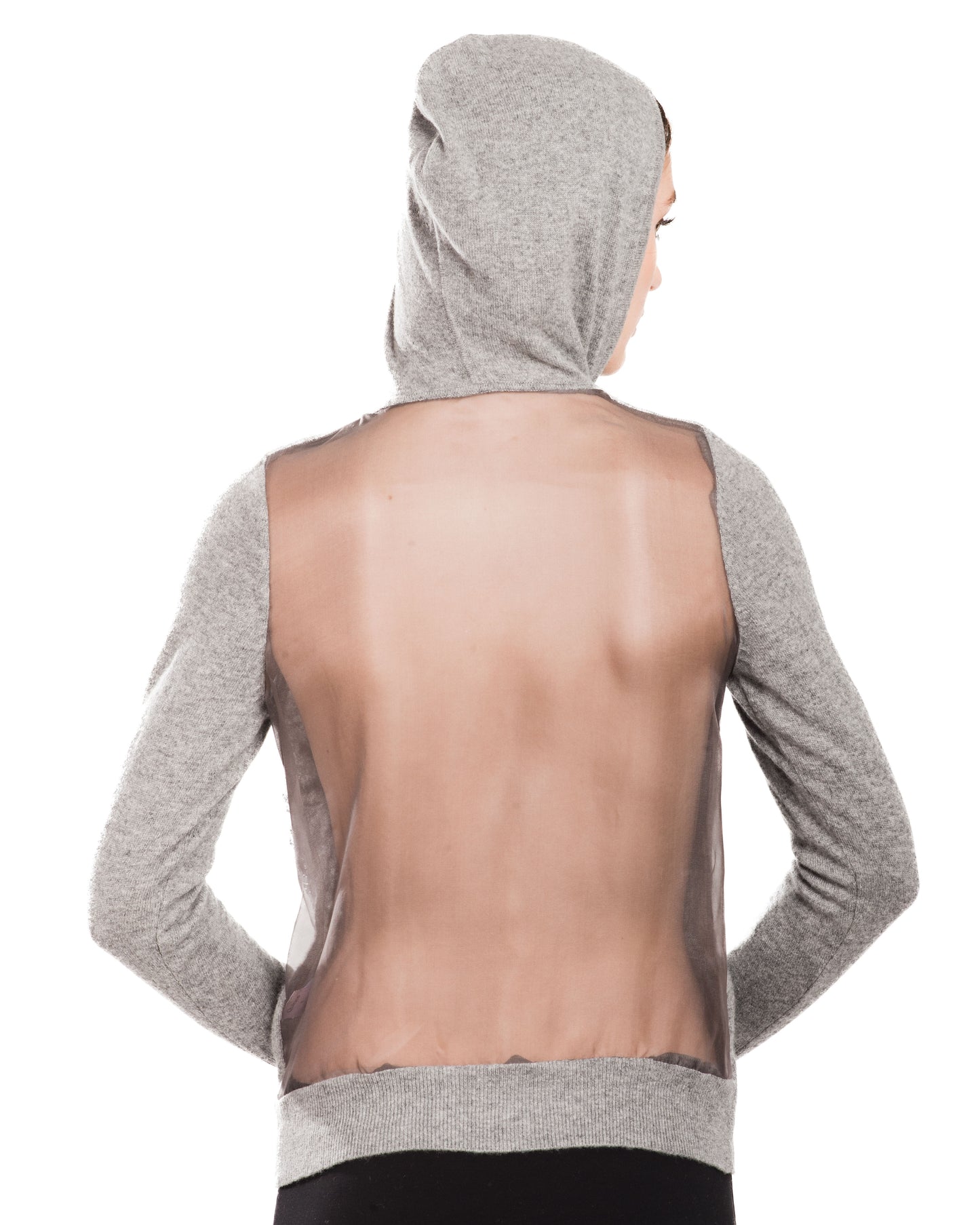 SMALL GREY LONG SLEEVE CASHMERE HOODIE WITH EMBROIDERED SILVER SEQUINS AND CRYSTAL BEADED BRANCHES WITH SMOKEY GREY ORGANZA BACK