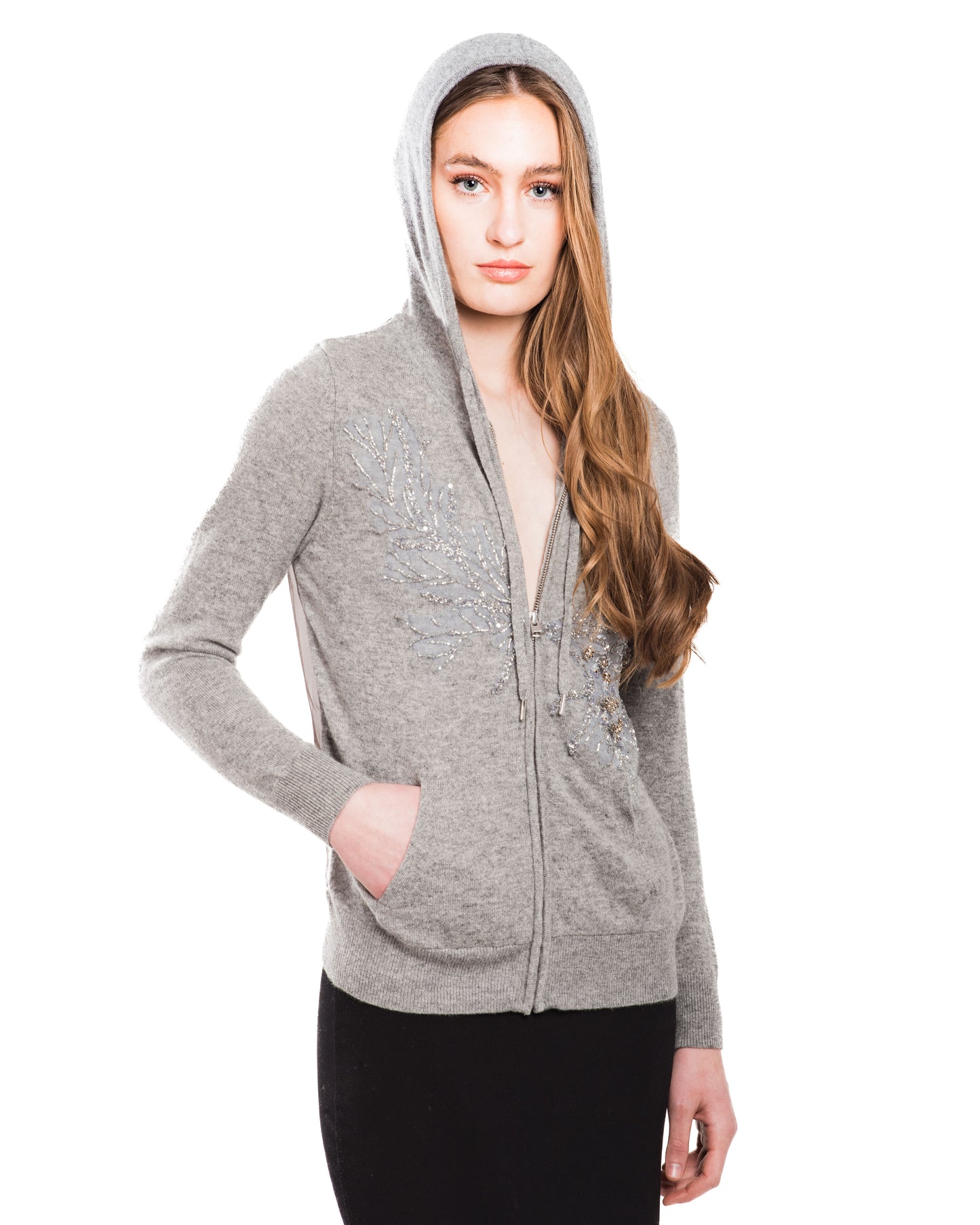 SMALL GREY LONG SLEEVE CASHMERE HOODIE WITH EMBROIDERED SILVER SEQUINS AND CRYSTAL BEADED BRANCHES WITH SMOKEY GREY ORGANZA BACK