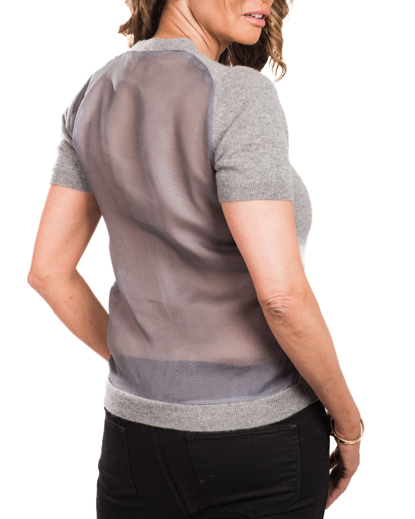 LARGE GREY CREW NECK SHORT SLEEVE CASHMERE SWEATER WITH EMBROIDERED SILVER SEQUINS AND CRYSTAL BEADED BRANCHES WITH SMOKEY GREY ORGANZA BACK
