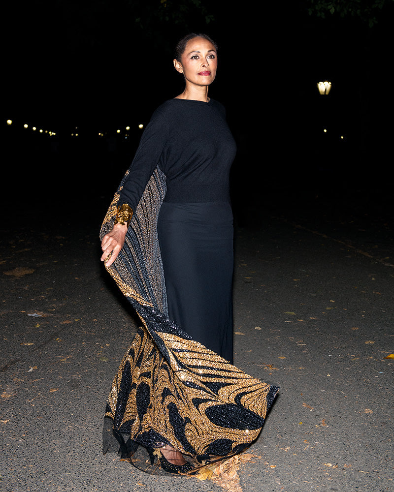 BLACK CASHMERE V NECK WITH LONG SLEEVE WITH ART DECO BALCK AND GOLD BEADED FLOOR LENGTH CAPE ( SIZE M)