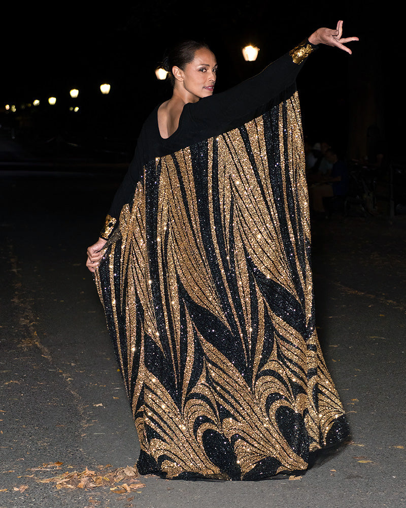BLACK CASHMERE V NECK WITH LONG SLEEVE WITH ART DECO BALCK AND GOLD BEADED FLOOR LENGTH CAPE ( SIZE M)