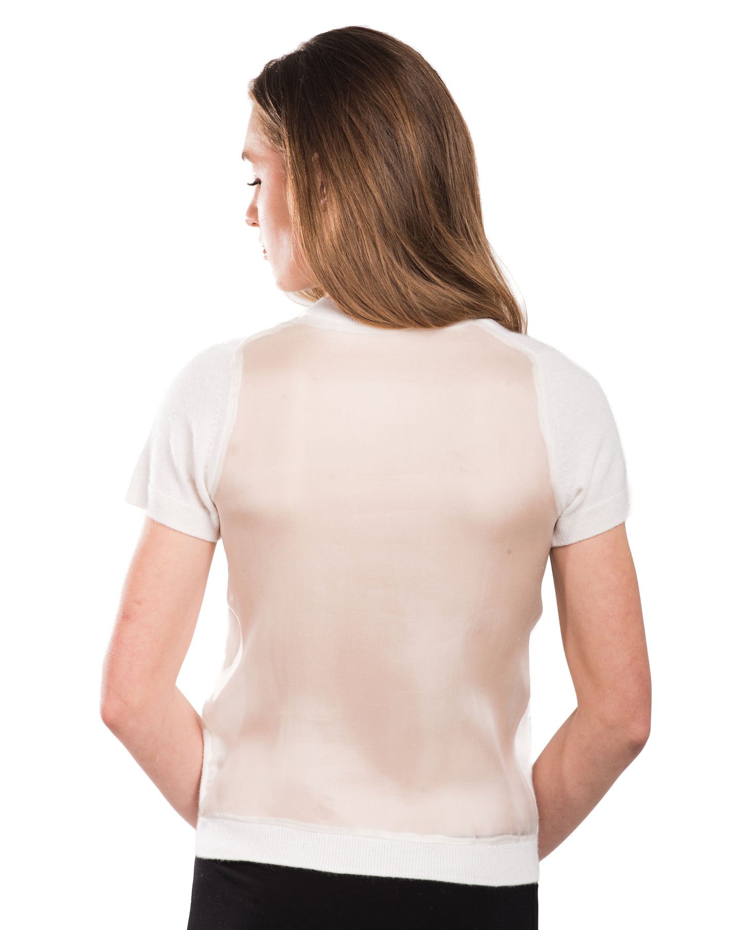 SMALL WHITE CREW NECK SHORT SLEEVE CASHMERE SWEATER WITH APILQUED FRONT WHITE SILK ORGANZA FLOWERS W BLACK OVERSTITCHED TRIM & PETITE FLORAL CUTOUTS