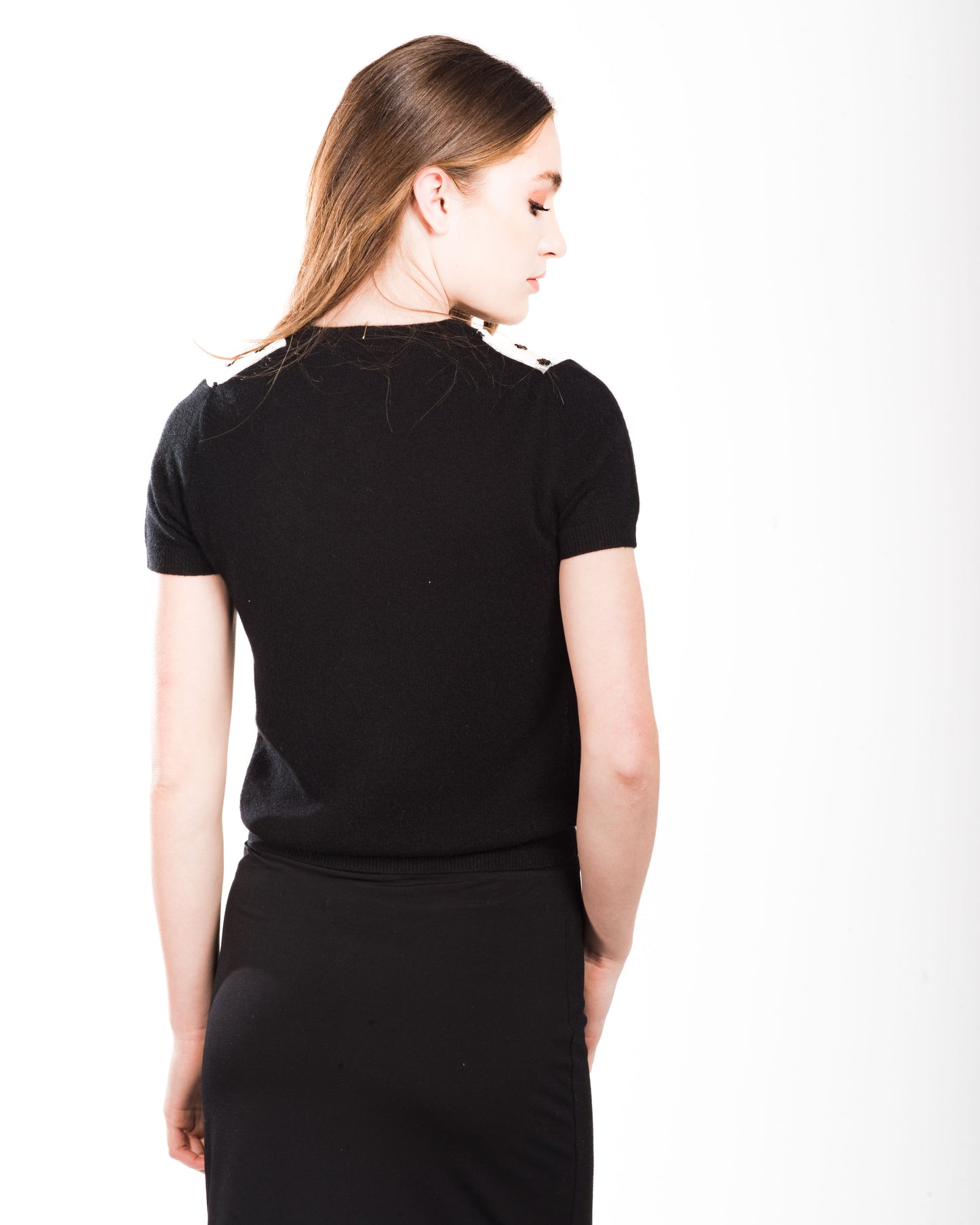 SMALL BLACK CREW NECK SHORT SLEEVE CASHMERE SWEATER WITH VINTAGE WHITE ITALIAN LACE AND 3D BLACK FLOWERS LINED IN WHITE TULLE