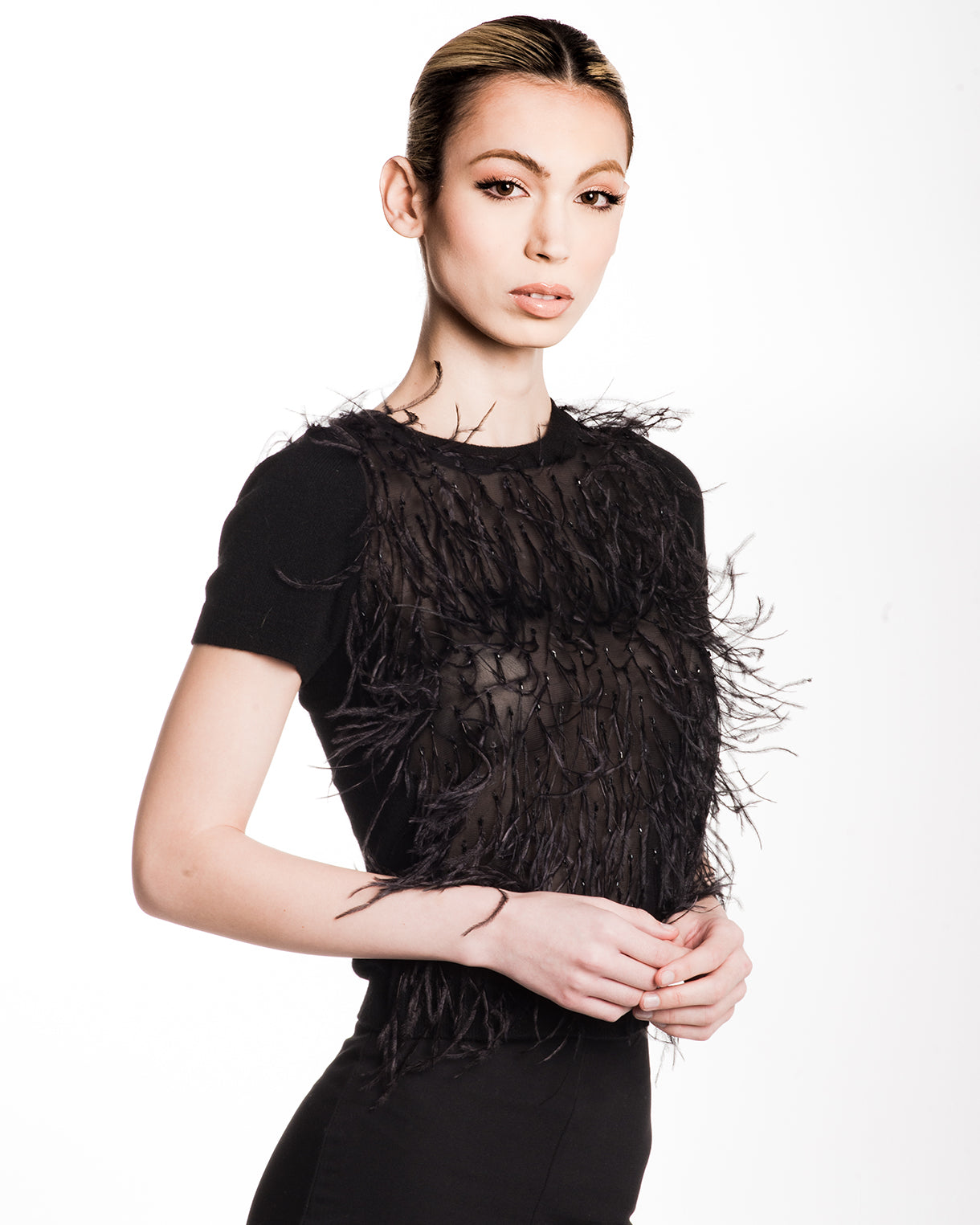 XS BLACK SHORT SLEEVE CREW NECK CASHMERE SWEATER WITH BLACK TULLE FRONT ADORNED WITH BLACK FEATHERS AND JET BEADING LINED WITH BLACK SILK ORGANZA