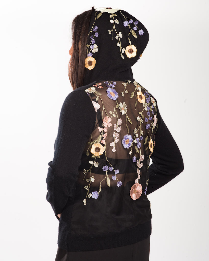 LARGE BLACK LONG SLEEVE CREW NECK CASHMERE HOODIE WITH FIESTA COLORED MULTI-FLORAL VINES EMBROIDERED TULLE BACK WITH SILK PEACH FLORAL HOOD APLIQUE