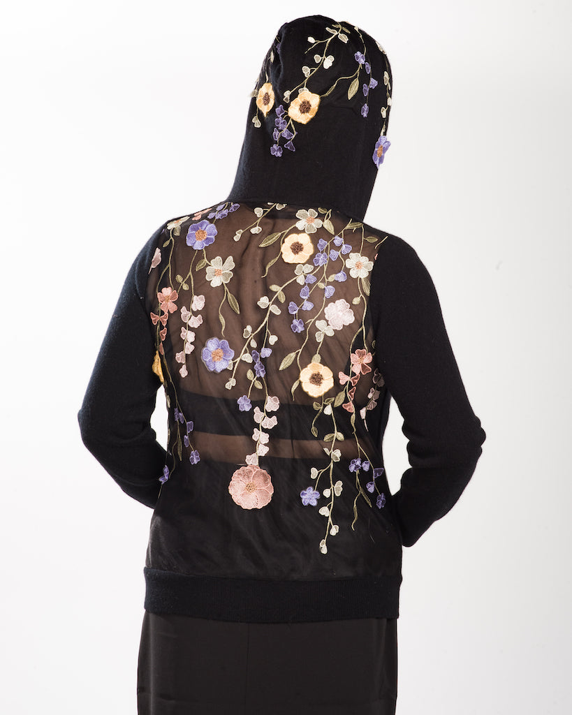 LARGE BLACK LONG SLEEVE CREW NECK CASHMERE HOODIE WITH FIESTA COLORED MULTI-FLORAL VINES EMBROIDERED TULLE BACK WITH SILK PEACH FLORAL HOOD APLIQUE