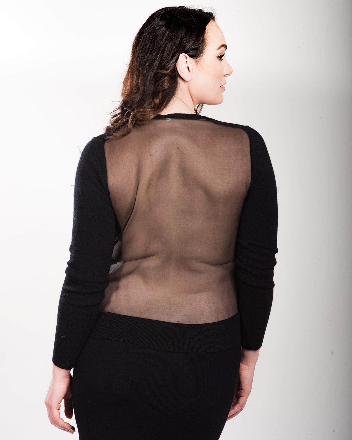 LARGE BLACK LONG SLEEVE V-NECK CASHMERE SWEATER WITH 3 3D BAKELITE FLORAL & FEATHER APLIQUE WITH BLACK SILK ORGANZA BACK