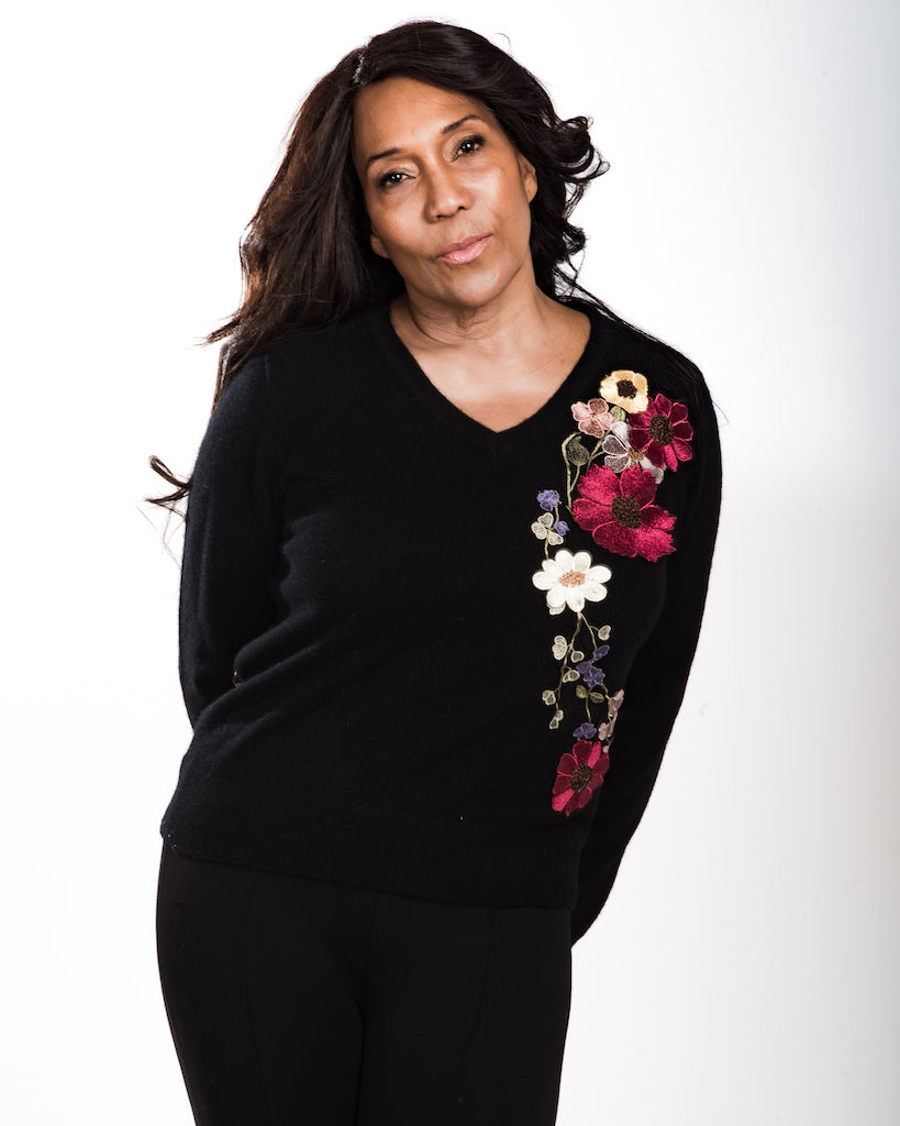 LARGE BLACK LONG SLEEVE V-NECK CASHMERE SWEATER WITH SILK RASPBERRY FLORAL FRONT APLIQUE & FIESTA COLORED MULTI-FLORAL SILK EMBROIDERED TULLE BACK