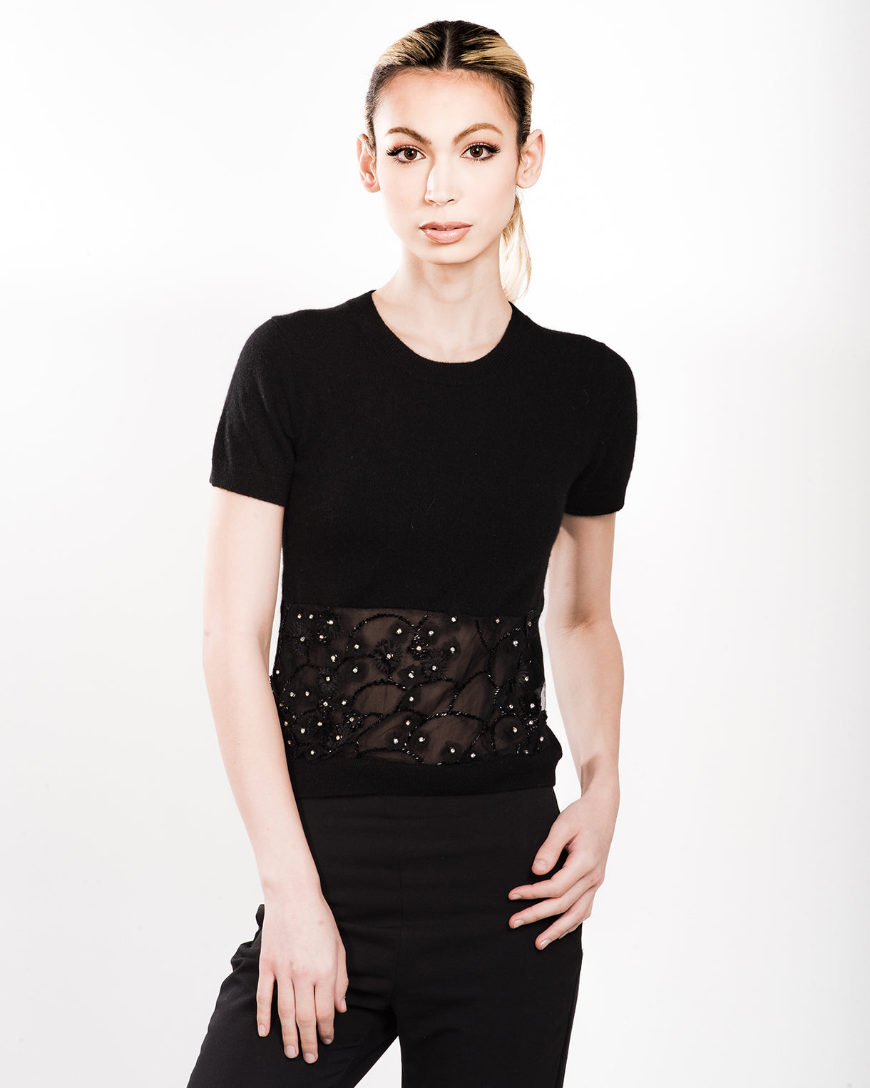 XS BLACK SHORT SLEEVE CREW NECK PEEKABOO WAISTED CASHMERE SWEATER WITH BLACK 3D FLOWERS, CRYSTALS AND JET BEADING ON BLACK TULLE