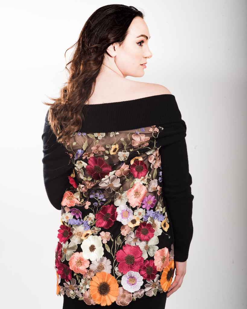 MEDIUM BLACK LONG SLEEVE CASHMERE SWING SWEATER WITH FIESTA COLORED MULTI-FLORAL SILK EMBROIDERED TULLE BACK