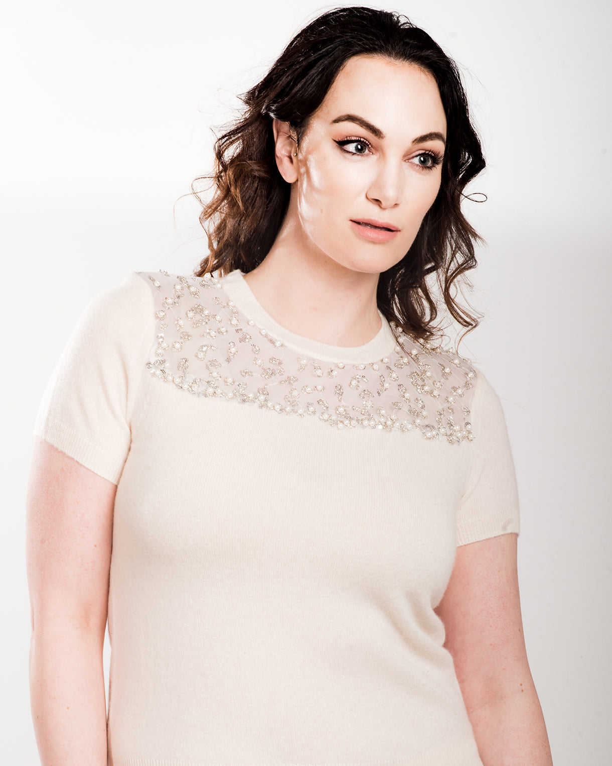 LARGE WHITE SHORT SLEEVE CREW NECK CASHMERE SWEATER WITH FRONT & BACK PEEKABOO DETAIL OF PEARL, CRYSTAL & MINI SEQUIN BEADING EMBROIDERED ON TULLE