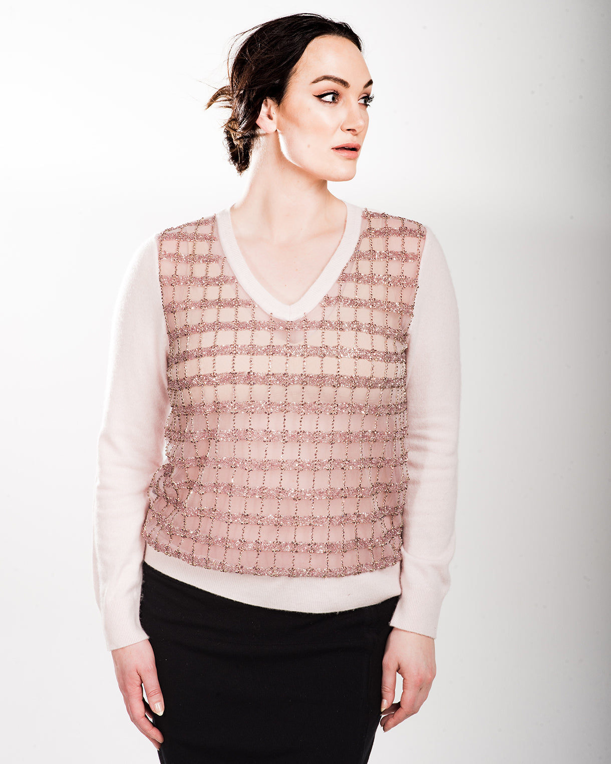 LARGE BLUSH LONG SLEEVE V-NECK CASHMERE SWEATER WITH RASPBERRY CRYSTAL CAGE BEADING ON FRAMBOISE TULLE FRONT WITH TULLE LINING