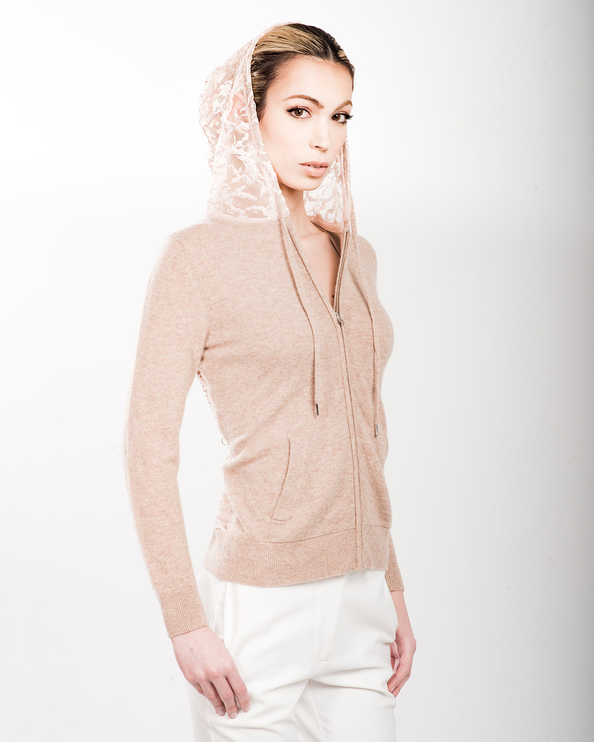 XS OATMEAL LONG SLEEVE CASHMERE HOODIE WITH BLUSH COLORED CORAL AND ICY SPARKLE EMBROIDERY ON TULLE BACK AND HOOD WITH TULLE LINING