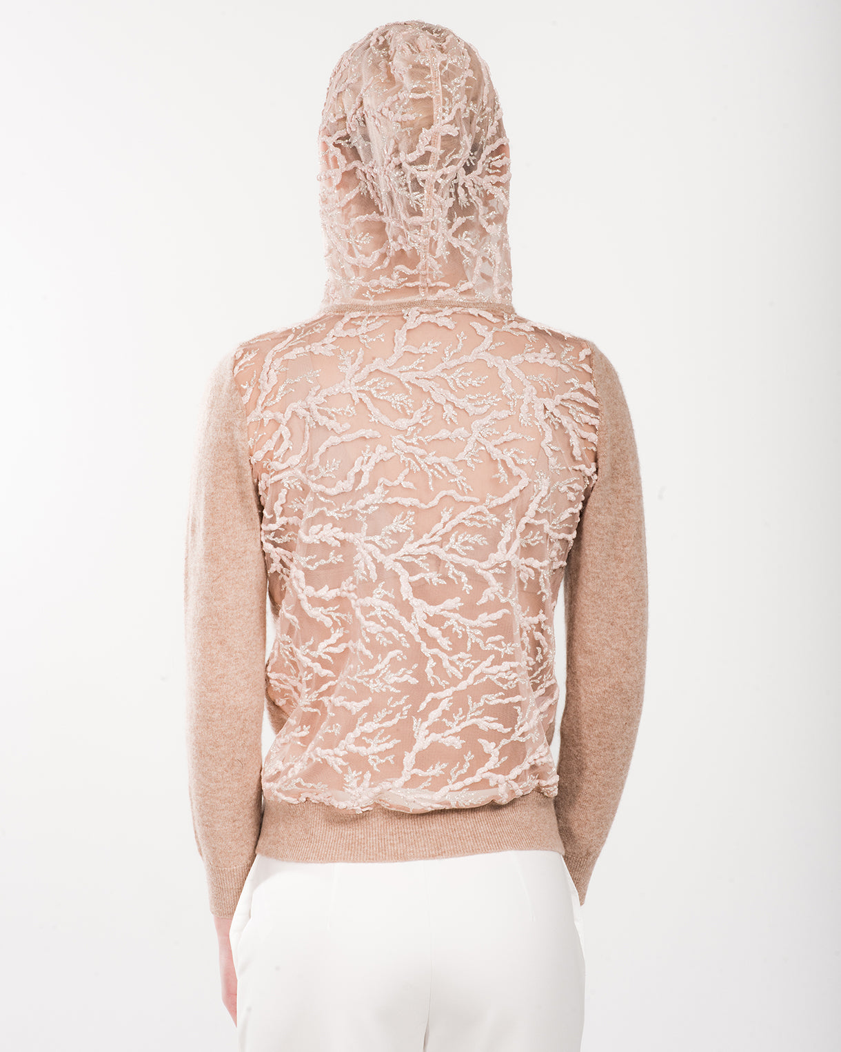 XS OATMEAL LONG SLEEVE CASHMERE HOODIE WITH BLUSH COLORED CORAL AND ICY SPARKLE EMBROIDERY ON TULLE BACK AND HOOD WITH TULLE LINING