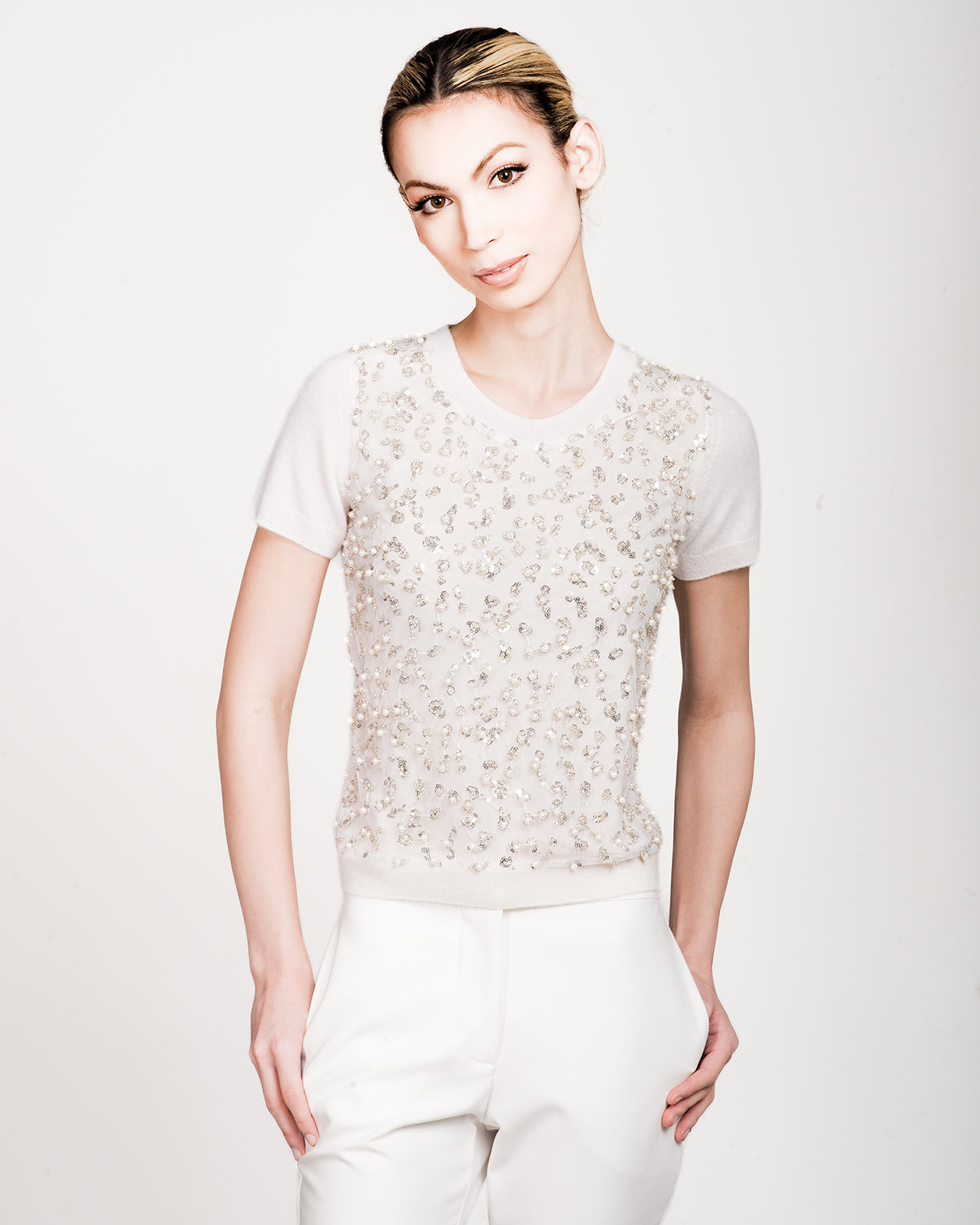 XS WHITE SHORT SLEEVE CREW NECK CASHMERE SWEATER WITH PEARL, CRYSTAL AND MINI SEQUIN BEADING EMBROIDERED ON WHITE TULLE FRONT