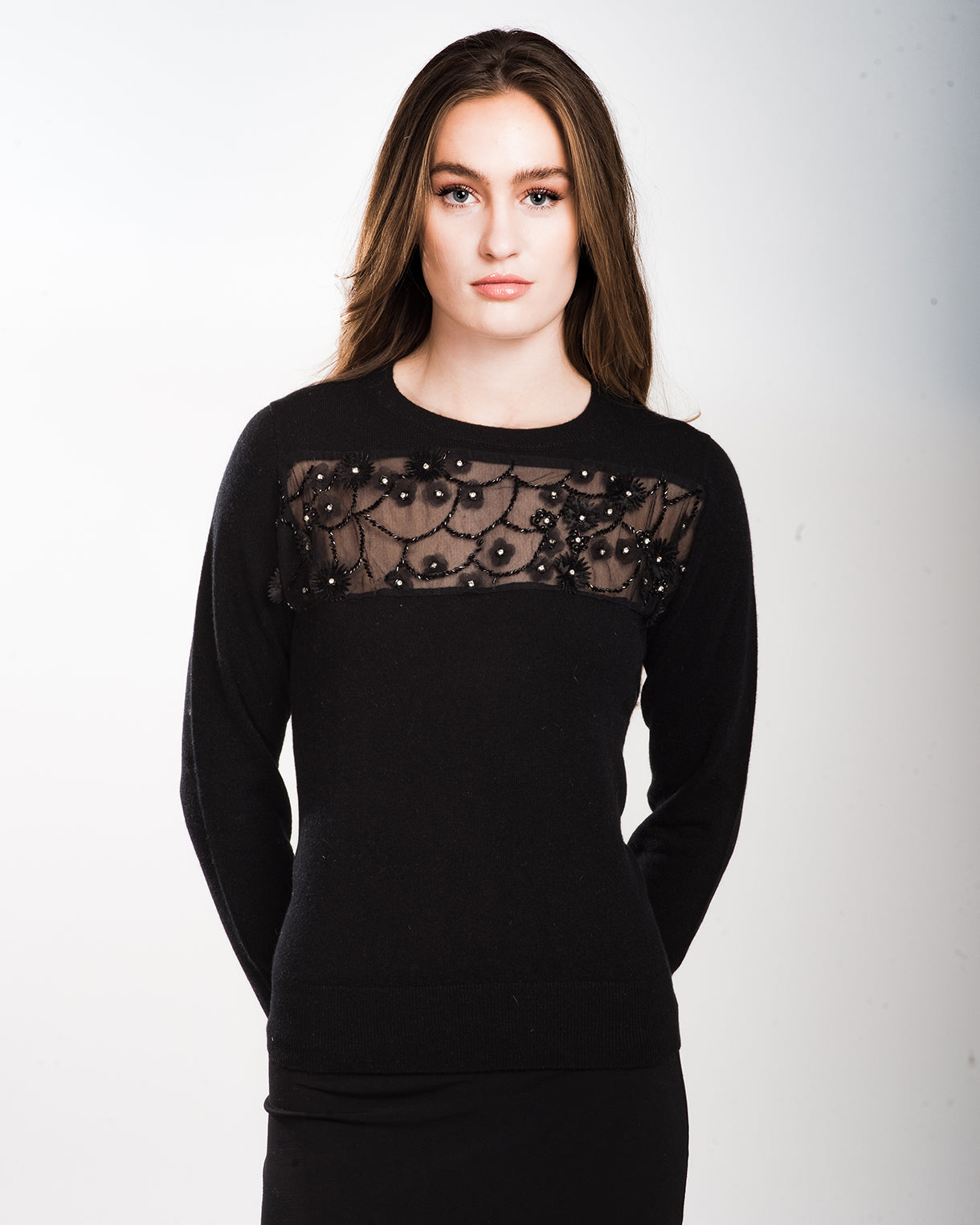 SMALL BLACK LONG SLEEVE CREW NECK CASHMERE PEAKABOO SWEATER WITH BLACK 3D FLOWERS, CRYSTALS AND JET BEADING ON BLACK TULLE