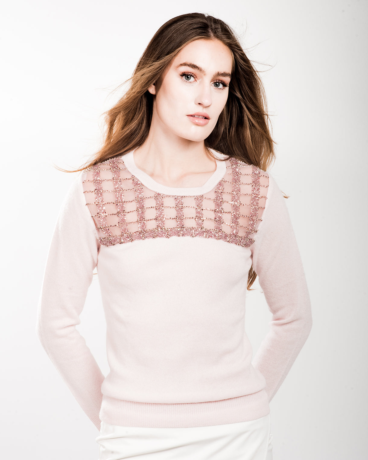MEDIUM BLUSH LONG SLEEVE CREW NECK CASHMERE SWEATER WITH FRONT PEEKABOO DETAIL OF RASPBERRY CRYSTAL CAGE BEADING ON FRAMBOISE TULLE WITH TULLE LINING