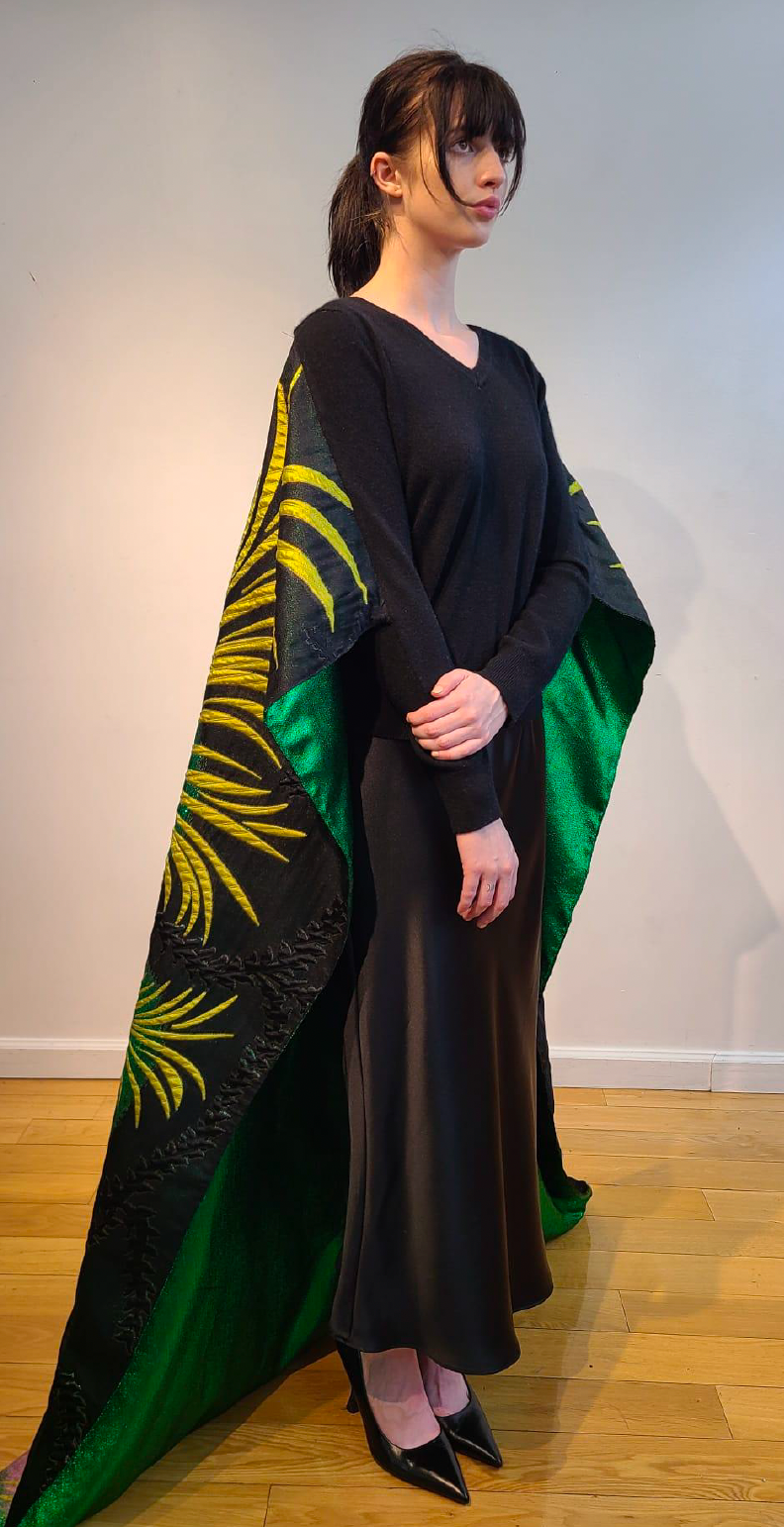 PINK & GREEN MIDDLE EASTERN PALM PRINT CAPE WITH METALLIC GREEN LINING