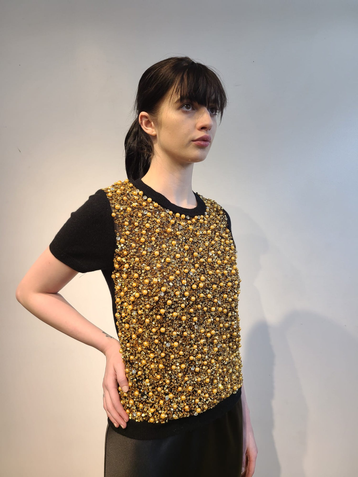 BLACK & GOLD PEARLS BEADS & CRYSTALS ON BLACK TULLE