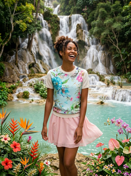 S IVORY 100% CASHMERE TEE WITH SHORT SLEEVES AND MULTICOLORED FLOWERS FLOATING IN SEA FOAM AQUA SILK GARDEN, FRONT PANEL INSERT WITH LIGHT BLUE CHIFFON LINING