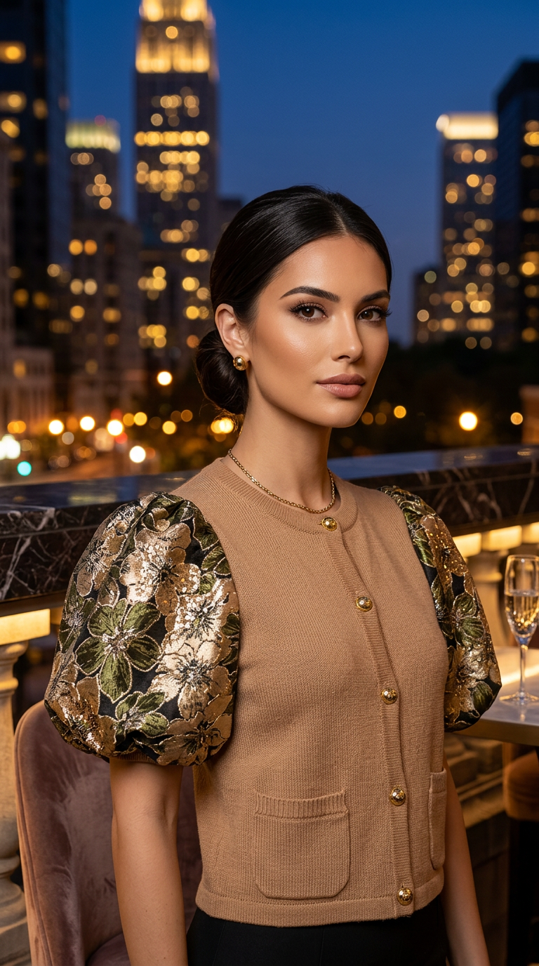 MEDIUM NUDE 100% ORGANIC COTTON FIT KNIT 5 GOLD BUTTON JACKET WITH OH SO 70s, METALLIC AVACADO AND GOLD FLORAL BROCADE PUFF SLLEVES